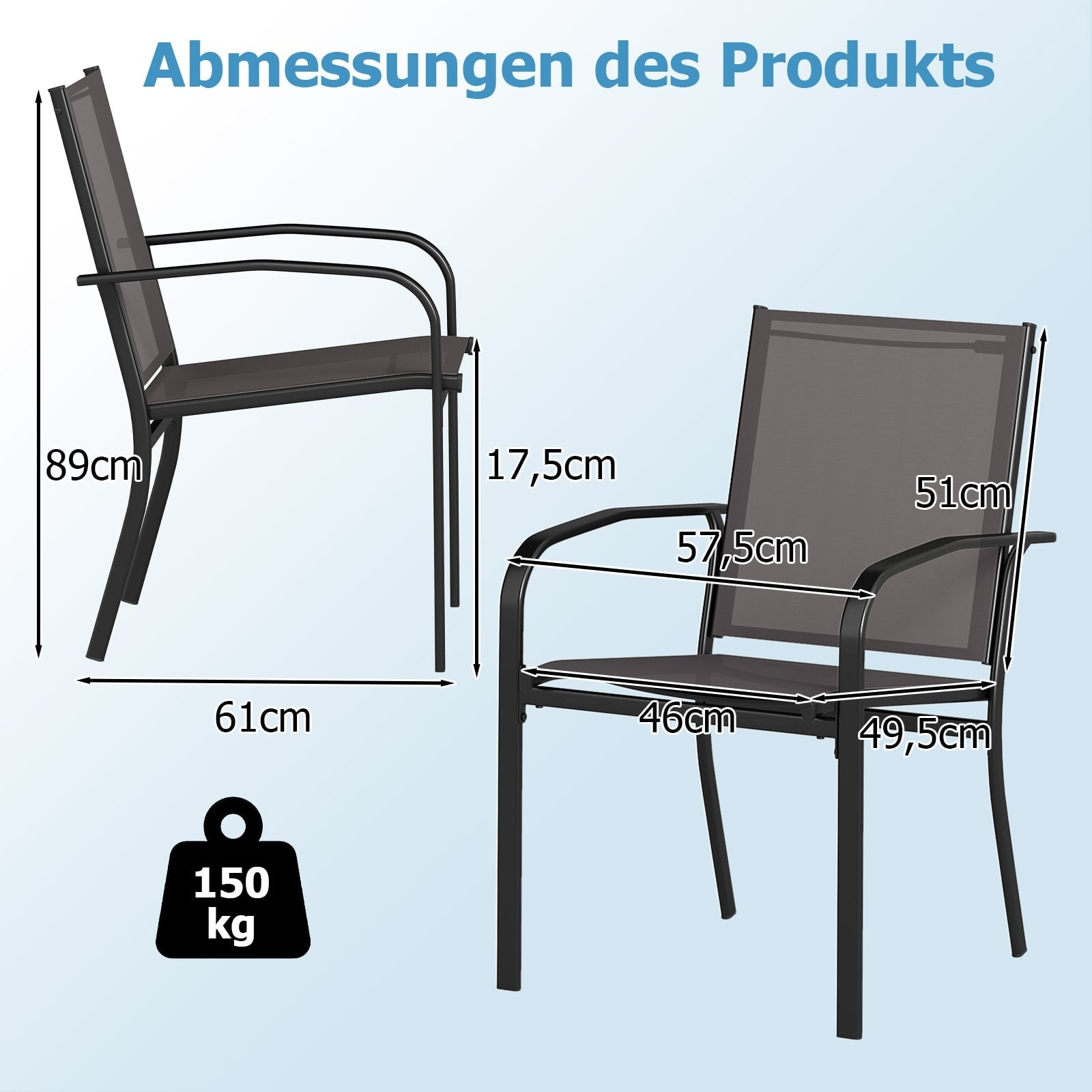 Twee buitenstoelen met afmetingen. Eén stoel zijwaarts, één van voren.