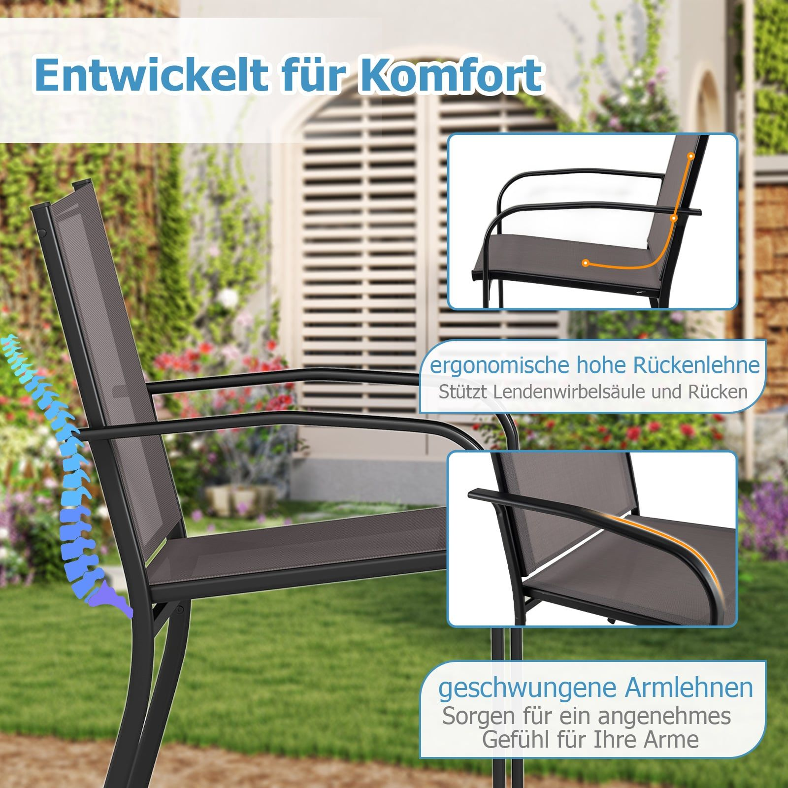 Tuinstoel met ergonomische rugleuning en gebogen armleuningen.