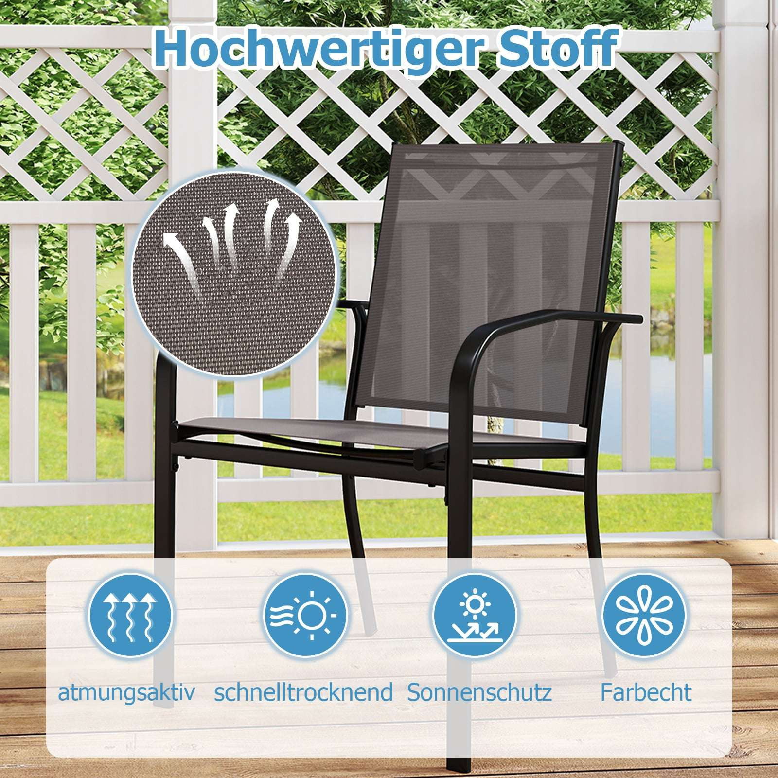 Buitenstoel met ademende stof op een houten dek.