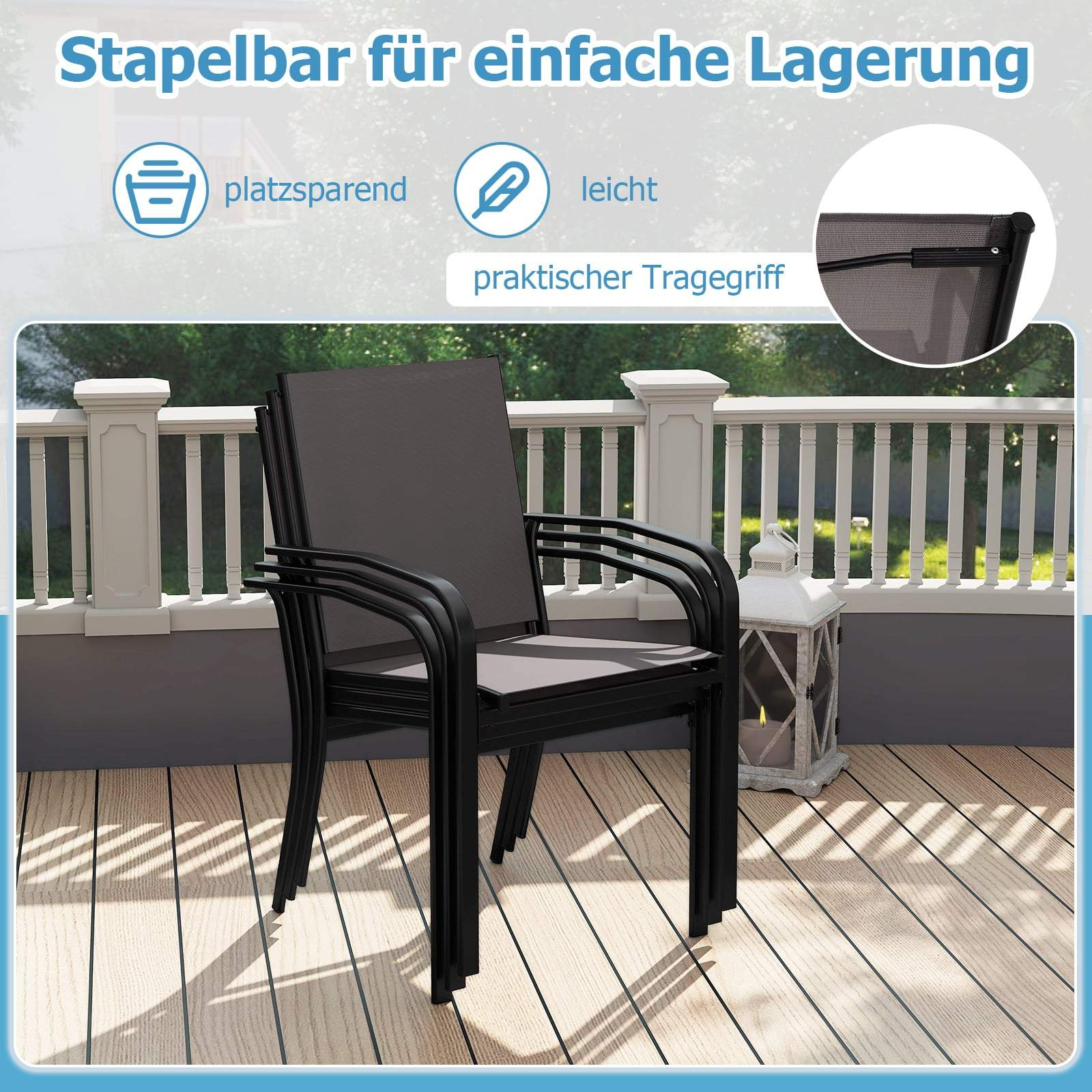 Stapelbare zwarte tuinstoelen met grijze zittingen op houten dek met lantaarn.