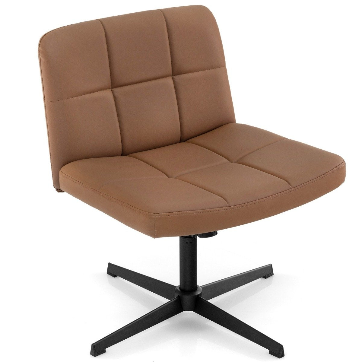 A brown office chair with a quilted seat and back on a black base.