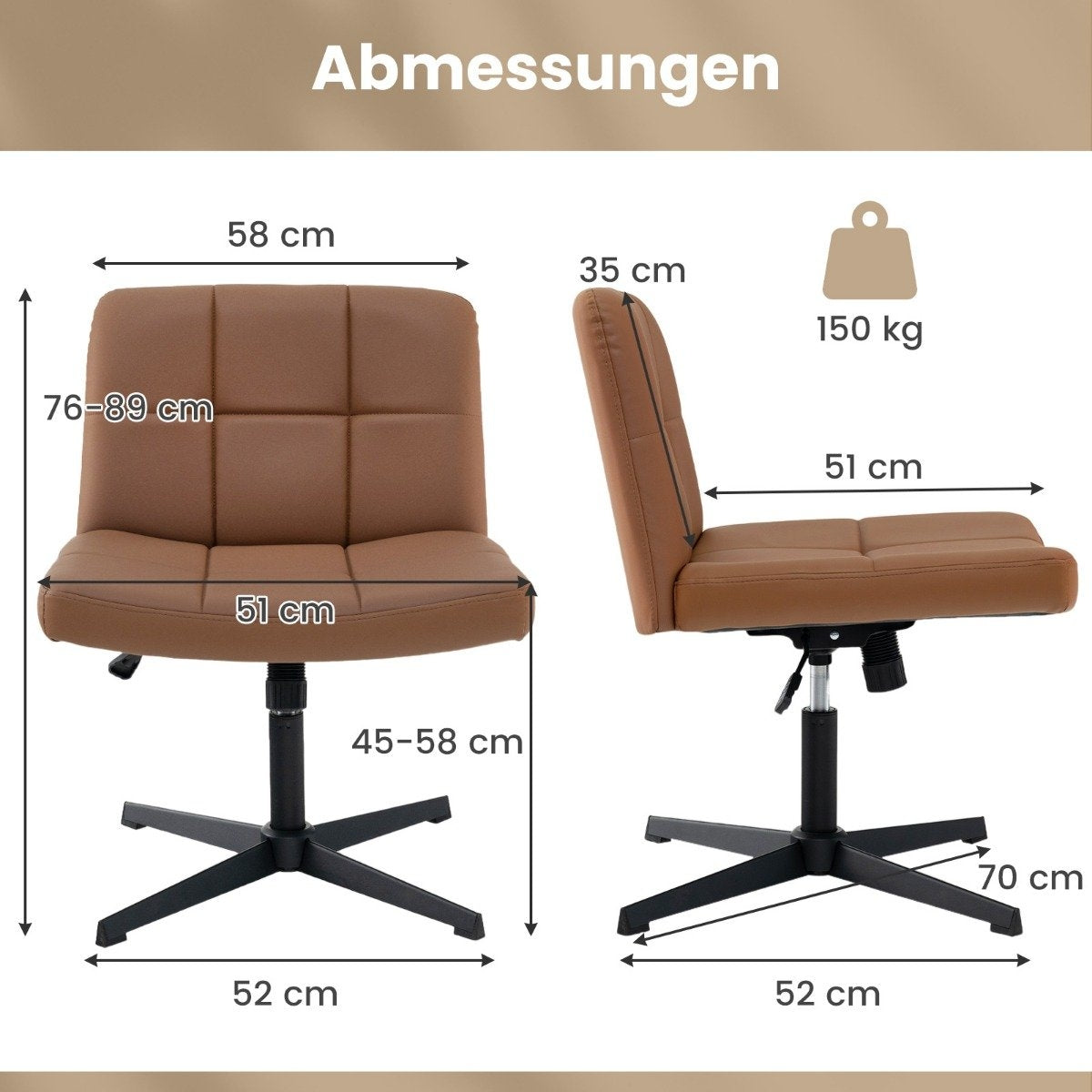 Brown office chair with dimensions: 58cm width, 76-89cm height, 51cm depth.
