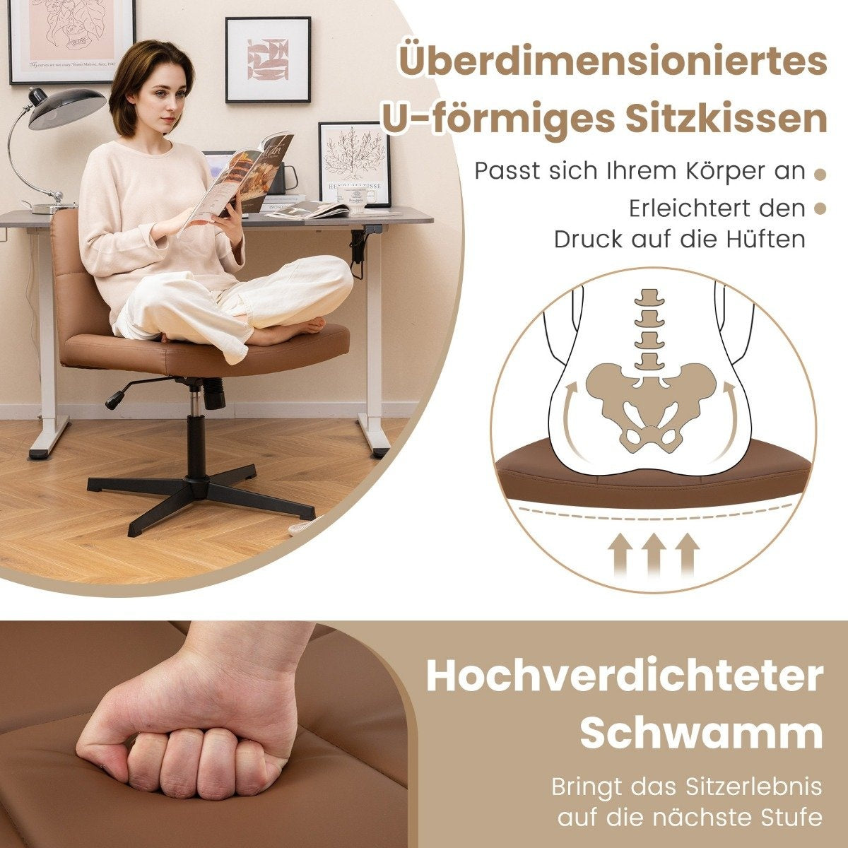 Woman sits on brown office chair at desk; cushion graphic shows pelvis & spine.