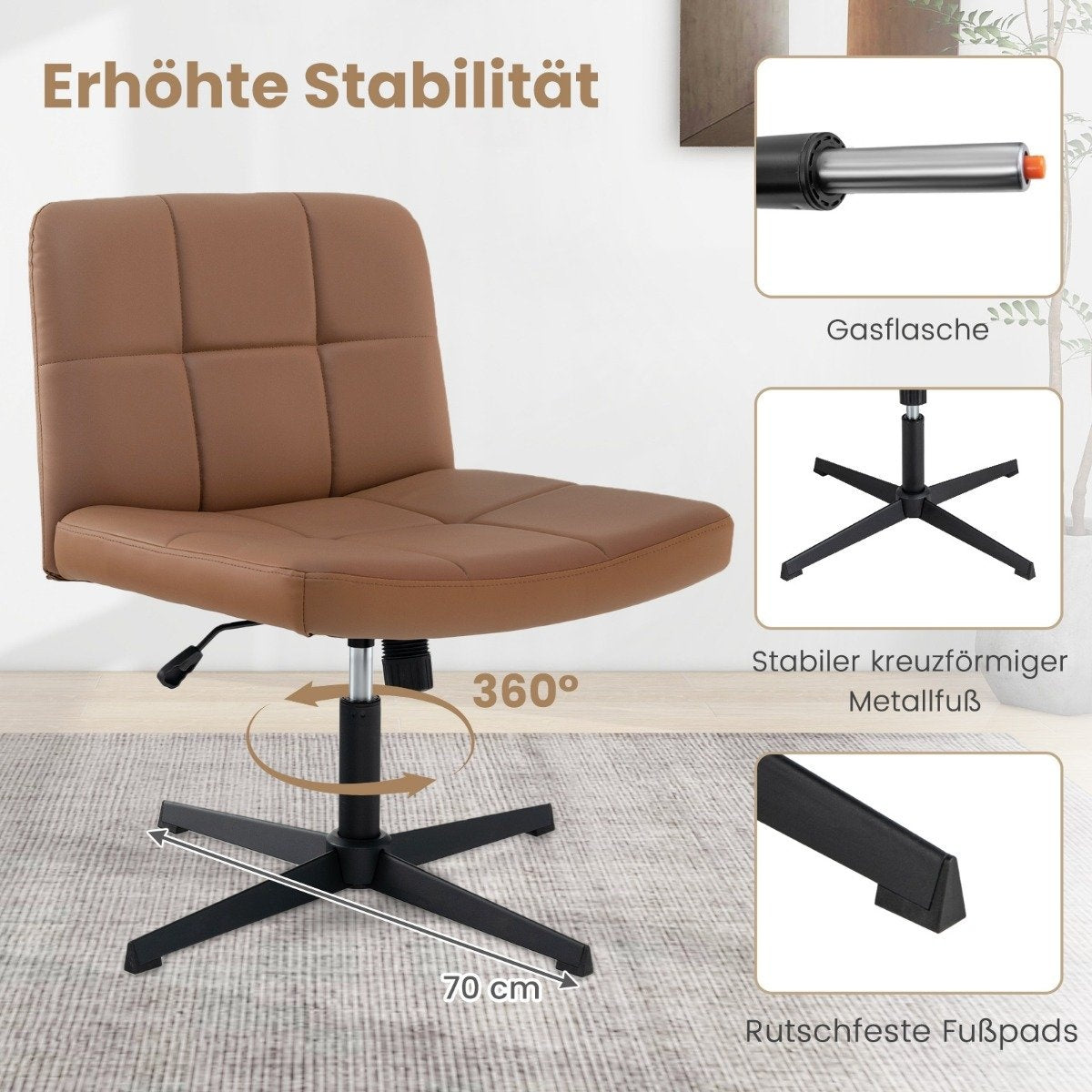 A brown office chair with a 5-star base and wheels, 70 cm wide.