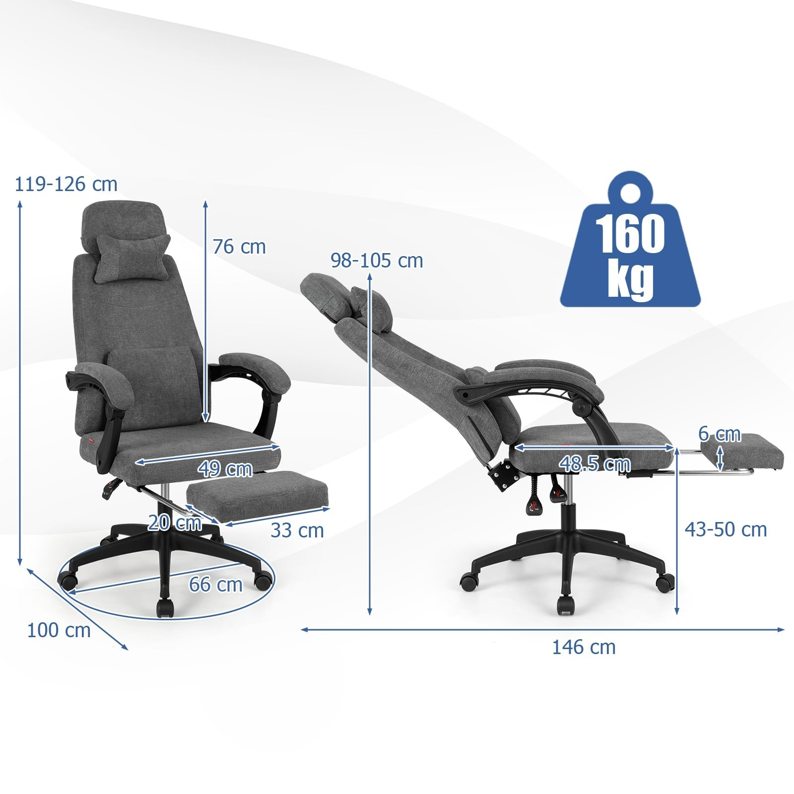 Gray office chair with dimensions and a maximum load of 160 kg.