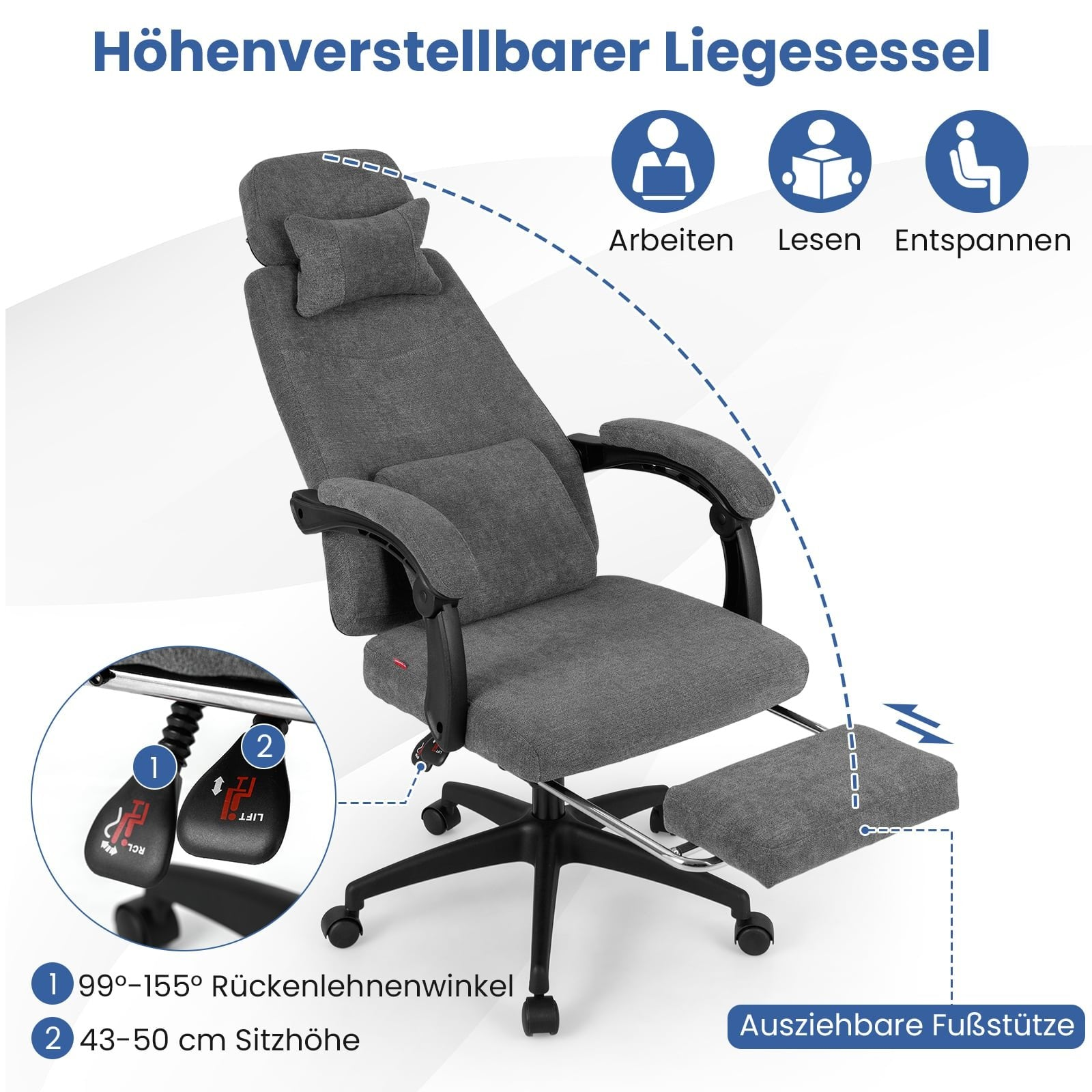 Gray, height-adjustable reclining chair with extendable footrest and adjustable backrest.