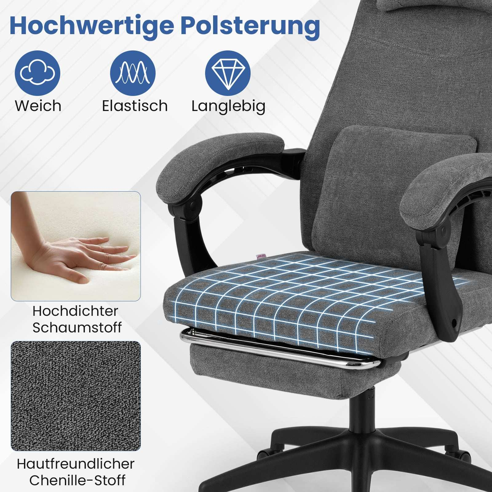 Gray office chair with foam padding and chenille fabric upholstery.