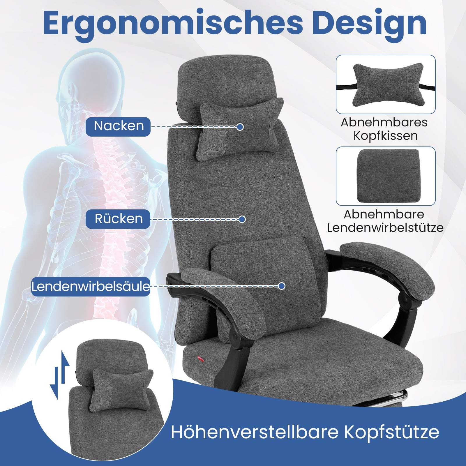 Gray office chair with pillows for neck, back, and lumbar support.