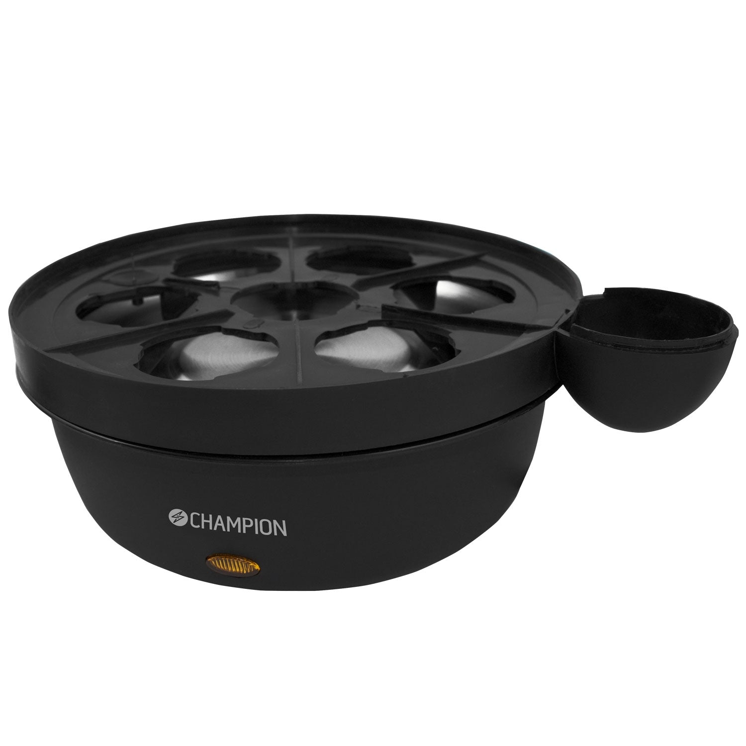 Black egg cooker with "Champion" logo and a small compartment.