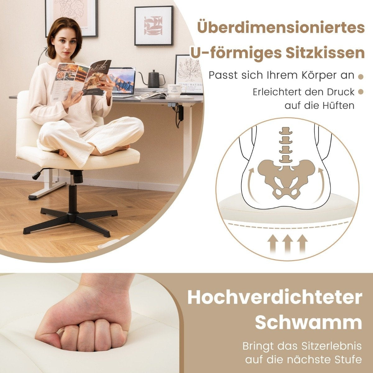 Vrouw leest op wit U-vormig kussen. Skeletgrafiek toont heupondersteuning.
