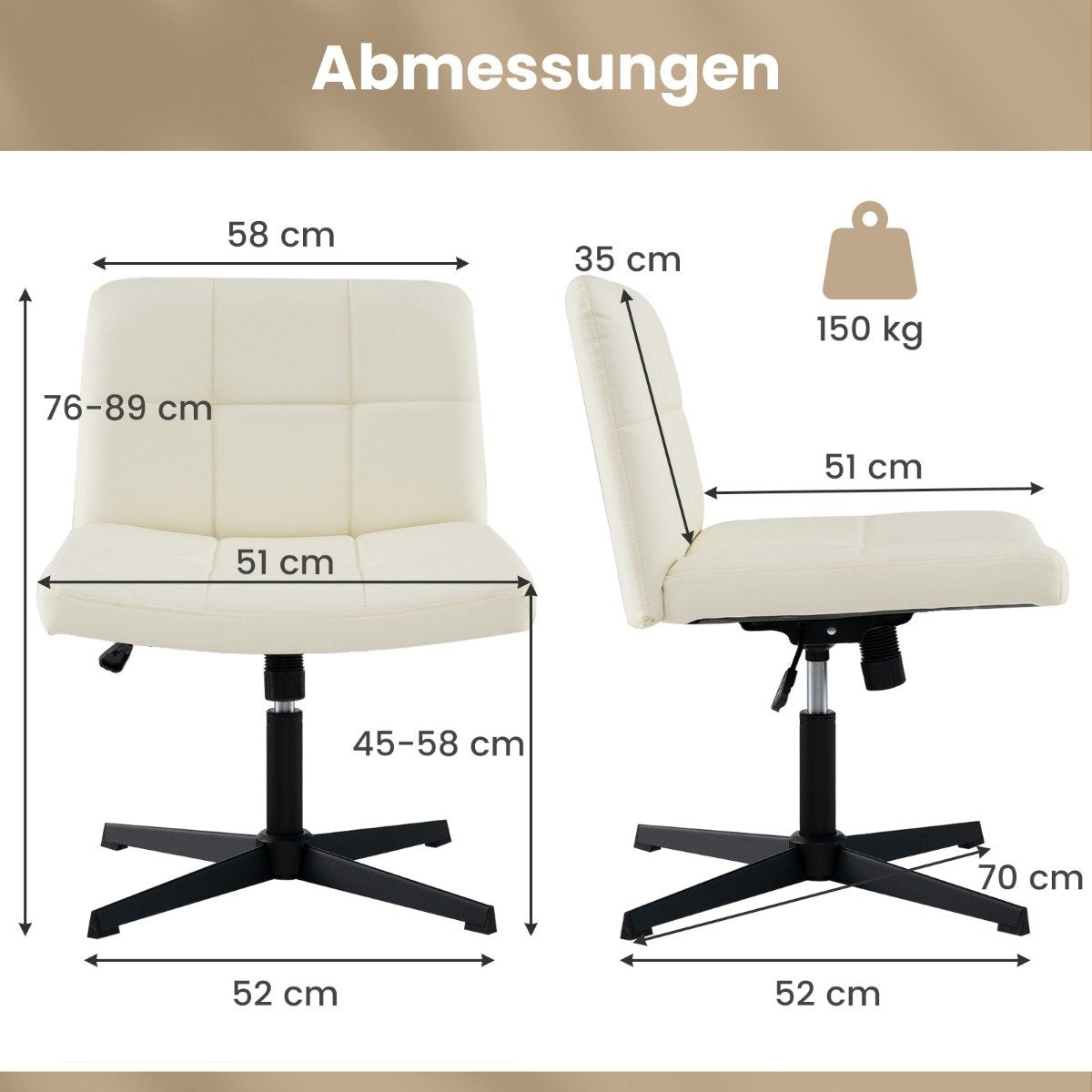 Afmetingen van een crème kantoorstoel met zwarte wielen en metalen voet.
