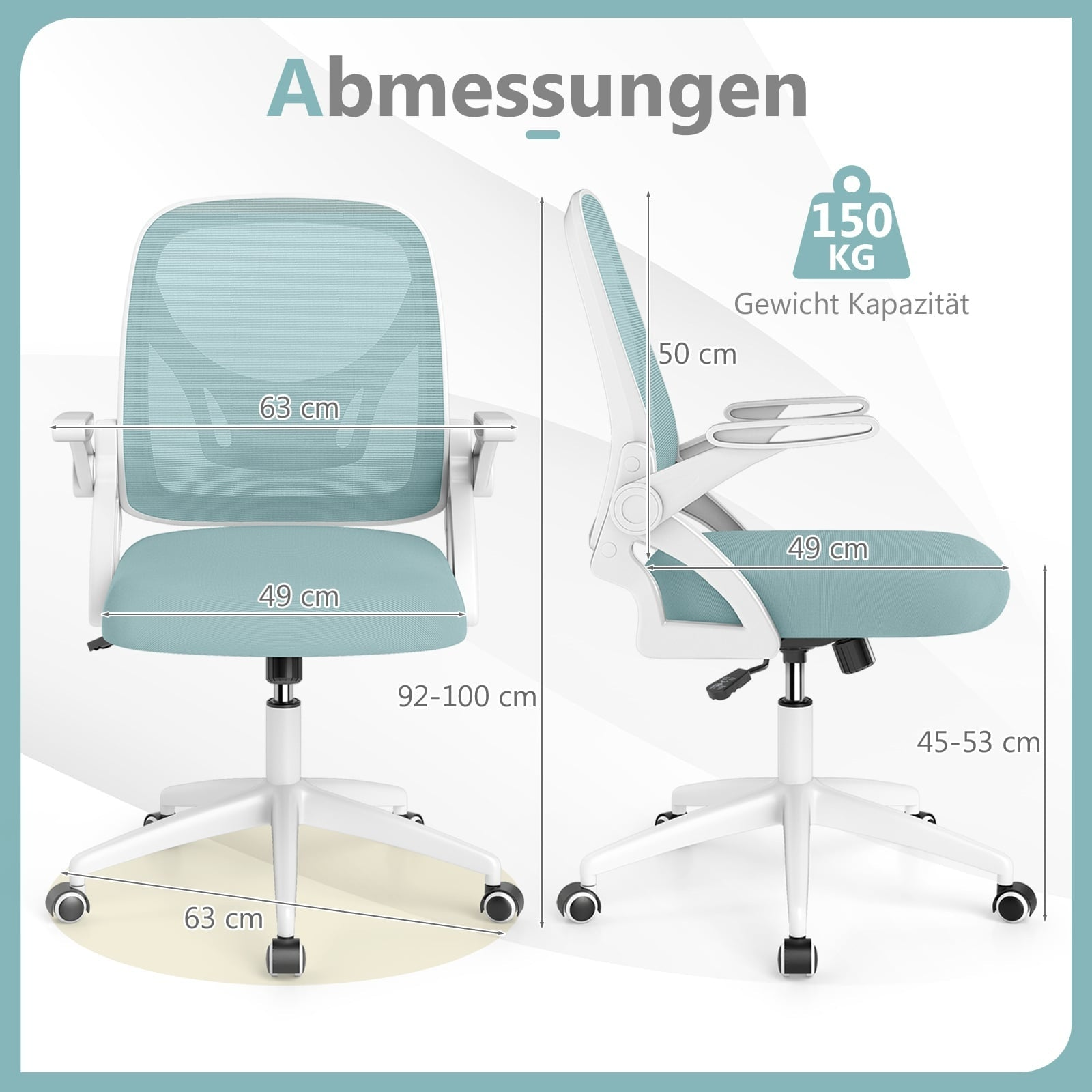 Blue office chair dimensions: width 63cm, seat height 49cm, total height 92-100cm.