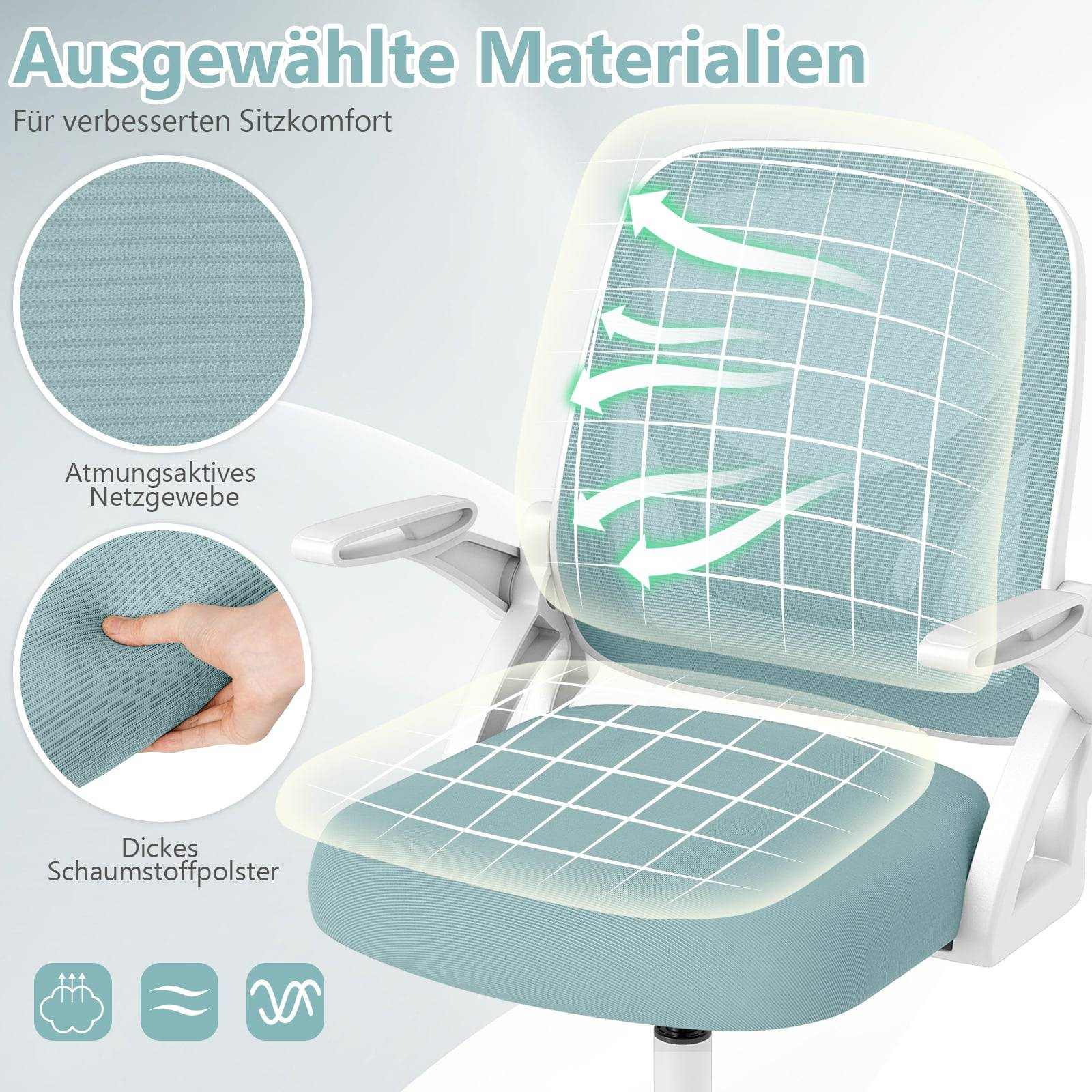 Office chair with breathable mesh fabric and thick cushioning. Arrows show air circulation.