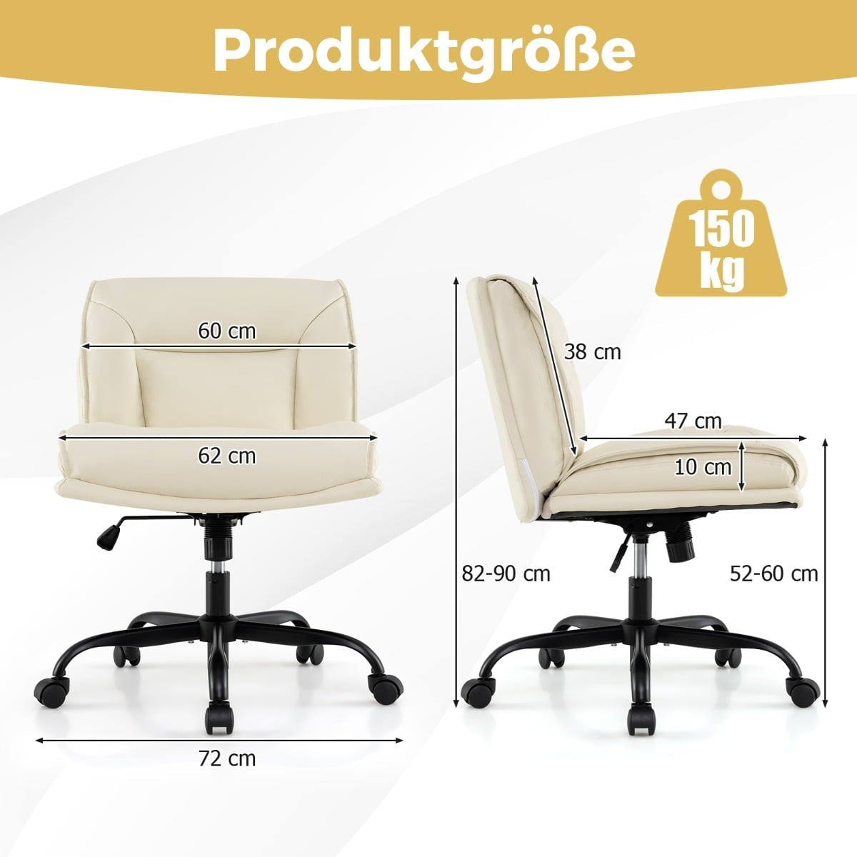 Een beige bureaustoel met afmetingen en een maximale draagcapaciteit van 150 kg.