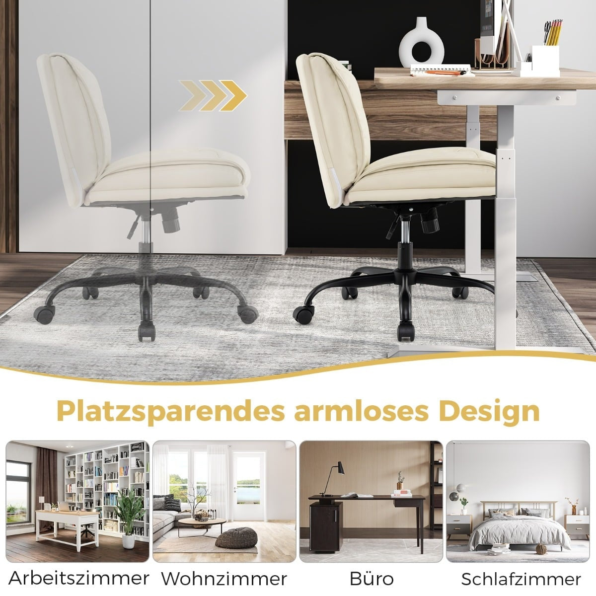 Een crèmekleurige bureaustoel met wielen staat op een kleed voor een bureau.