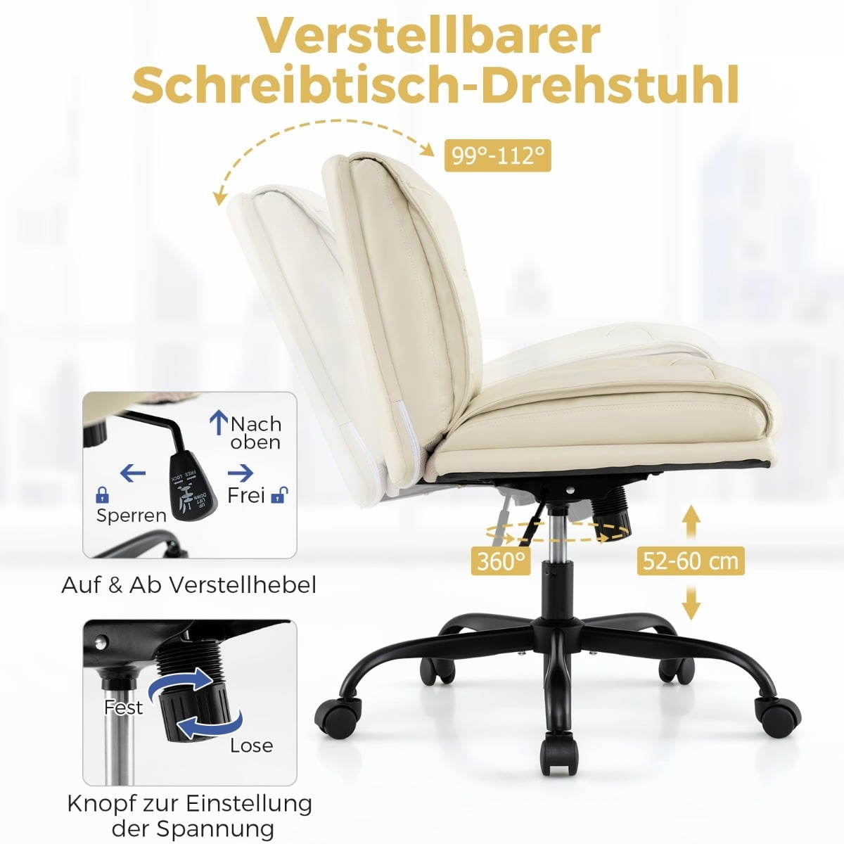 Beige bureaustoel met verstelbare rugleuning en zithoogte. Toont functies zoals 360° draaiing en verstelhendel.