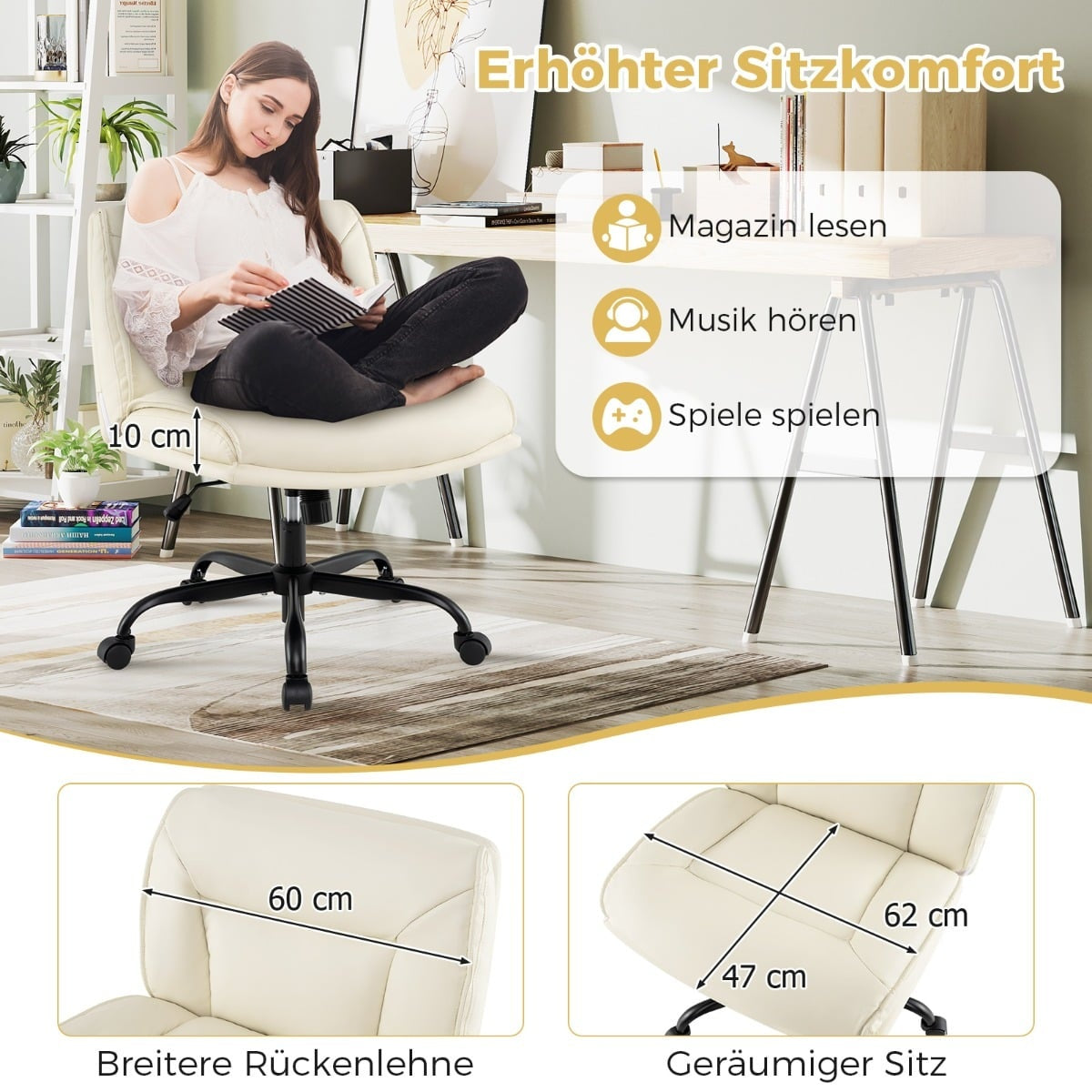Vrouw zit op een bureaustoel met wielen, leest een boek. Afmetingen worden getoond.