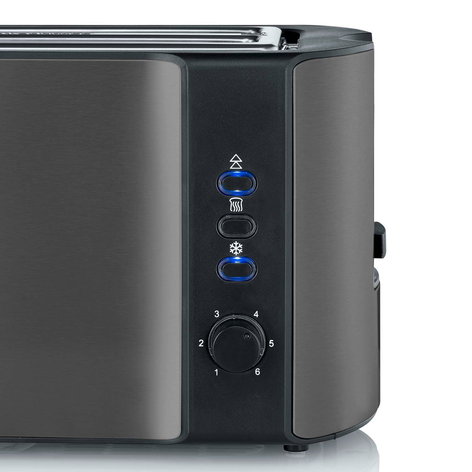 A modern, dark toaster with blue buttons and a setting dial.
