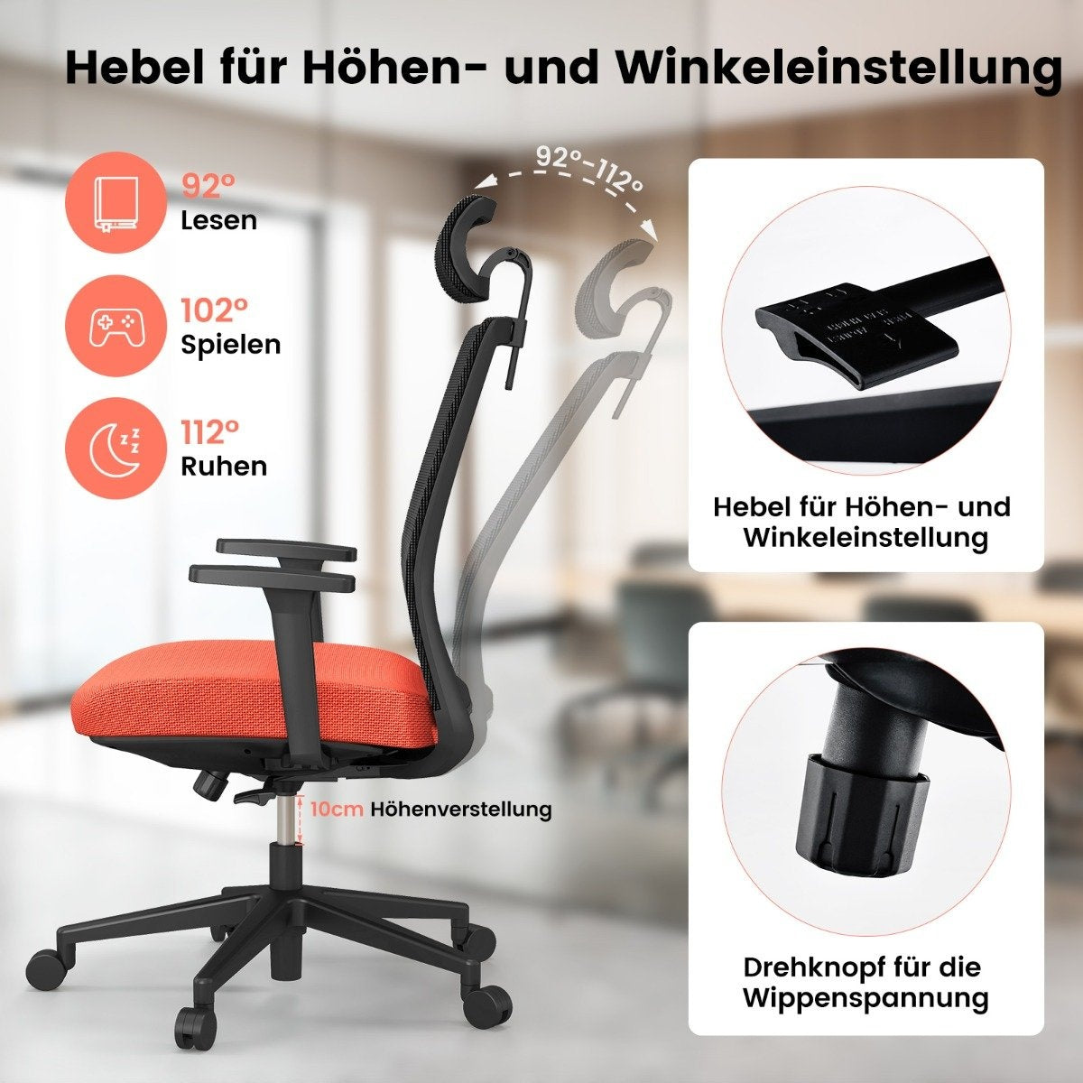Una silla de oficina con asiento naranja y respaldo ajustable.