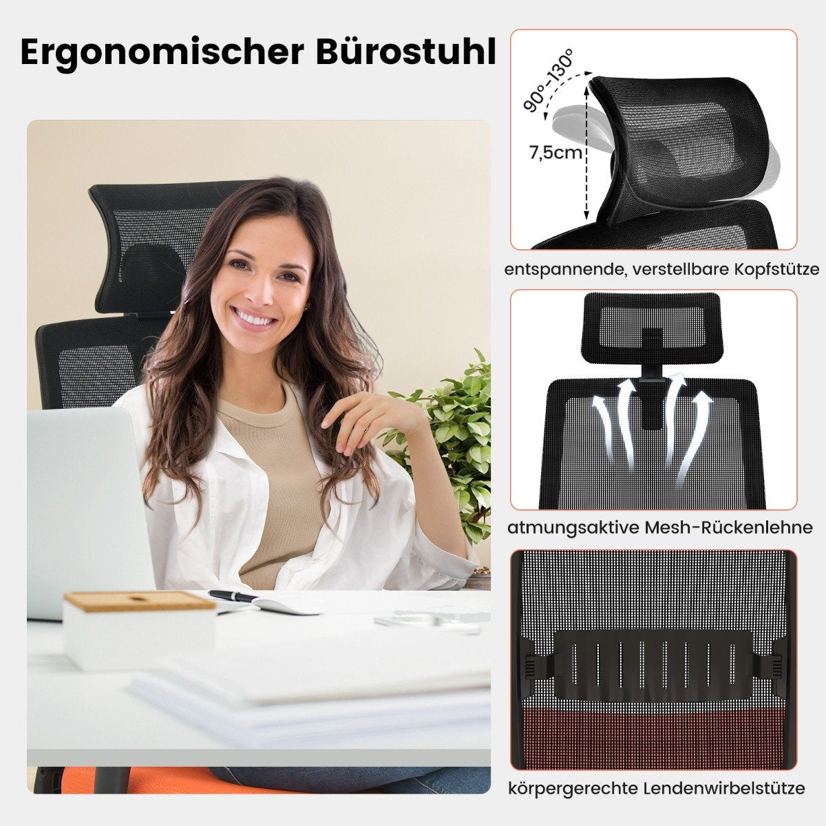 Silla de oficina ergonómica con reposacabezas y soporte lumbar.