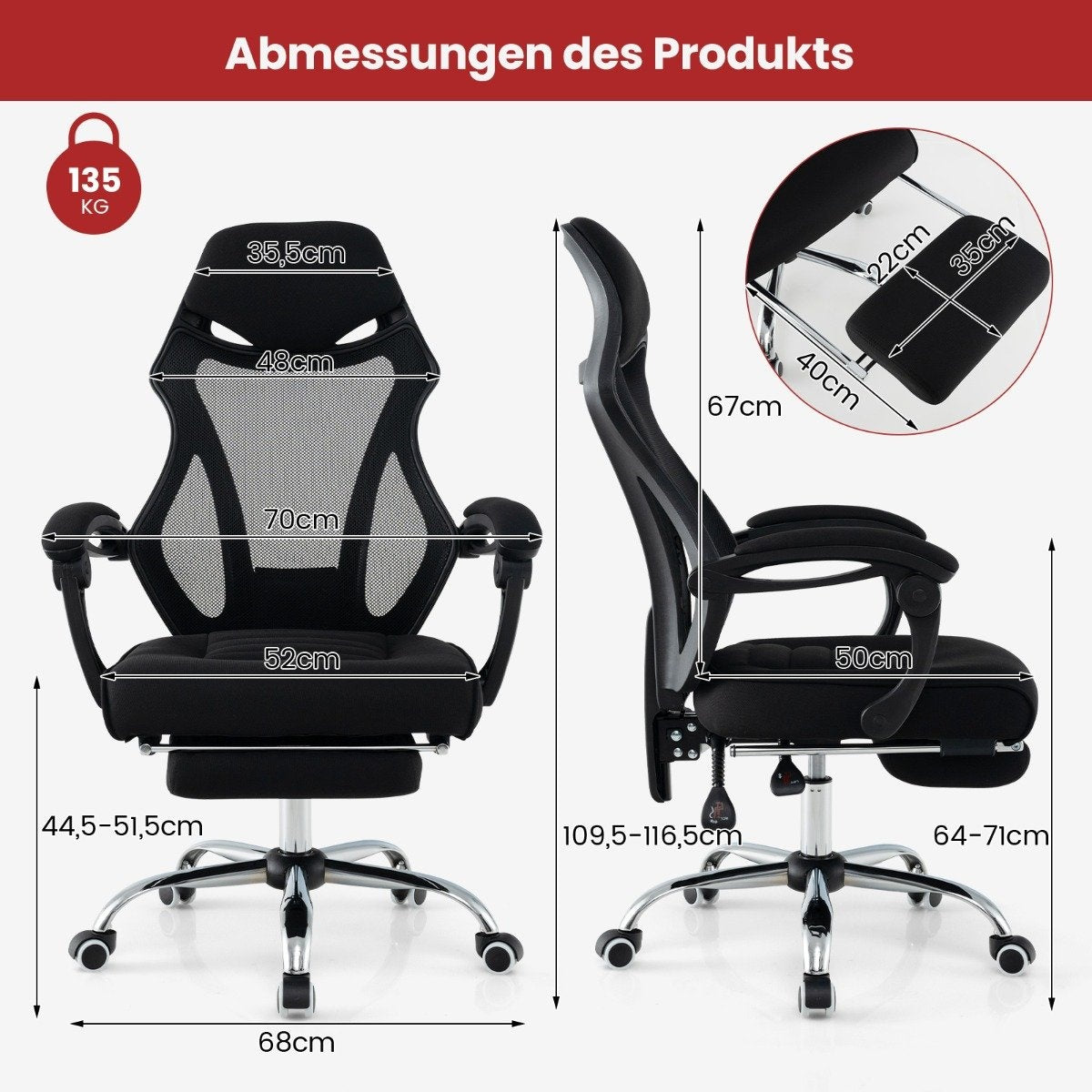 Dimensiones de una silla de oficina negra con ruedas. Peso máximo 135kg.