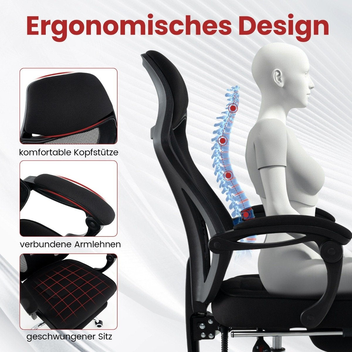 Silla de oficina ergonómica con reposacabezas, reposabrazos y asiento. Diagrama.
