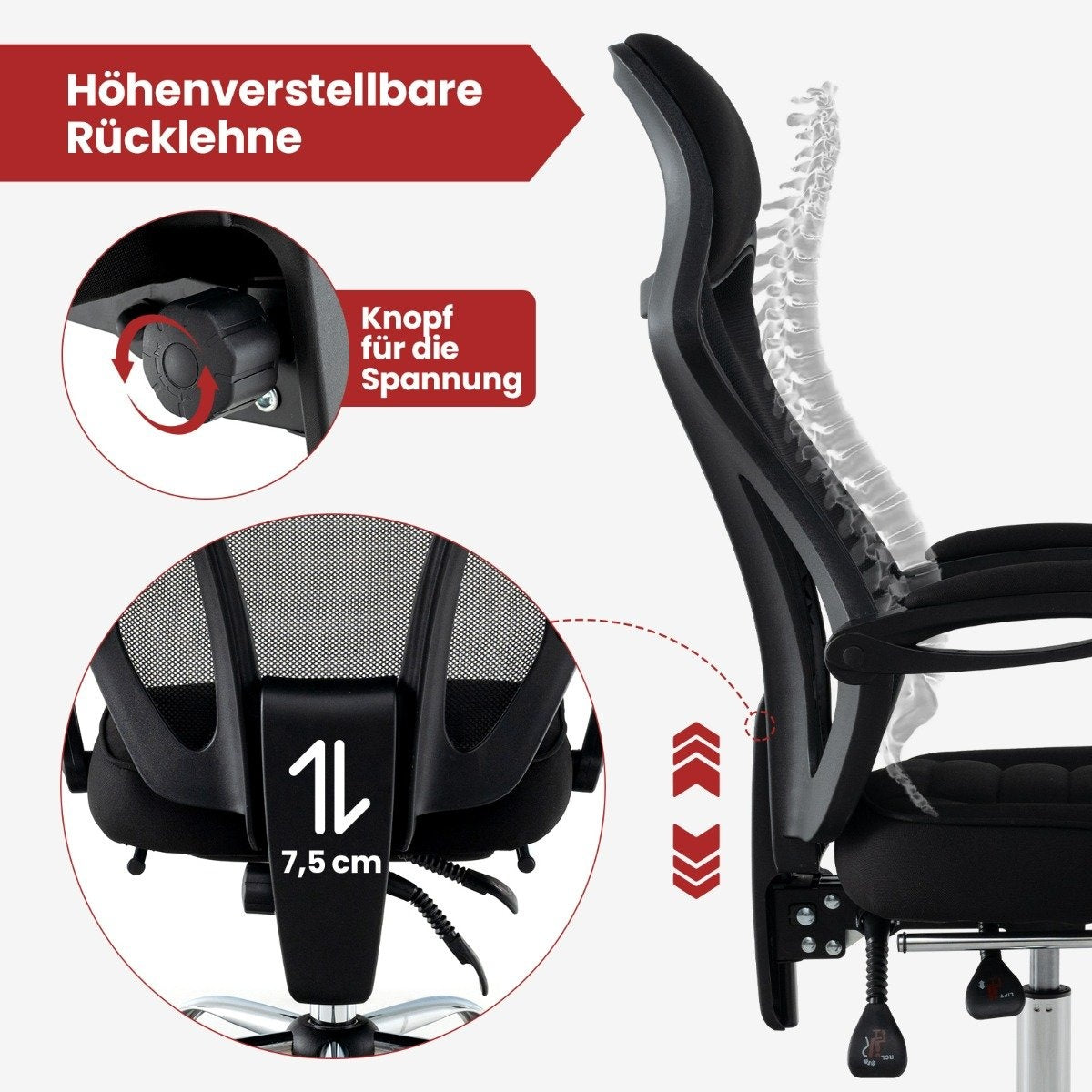 Silla de oficina negra con respaldo ajustable y botón de tensión.