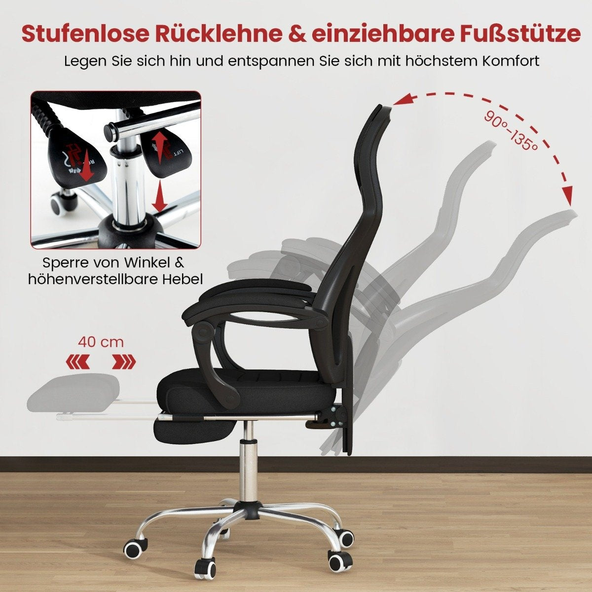 Silla de oficina con reposapiés retráctil y respaldo ajustable.