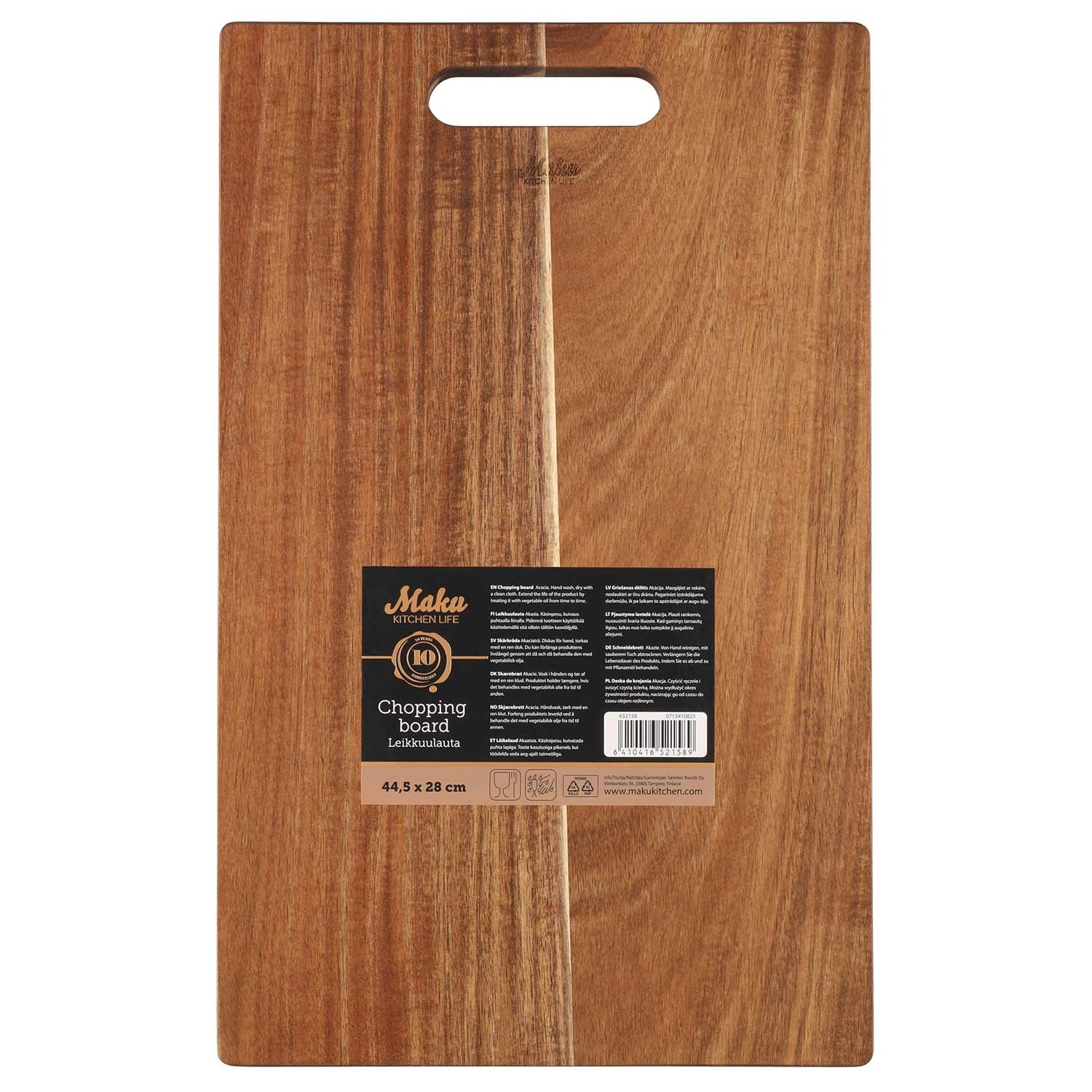 Houten snijplank met handvatgat, bruin. Label met tekst en barcode.