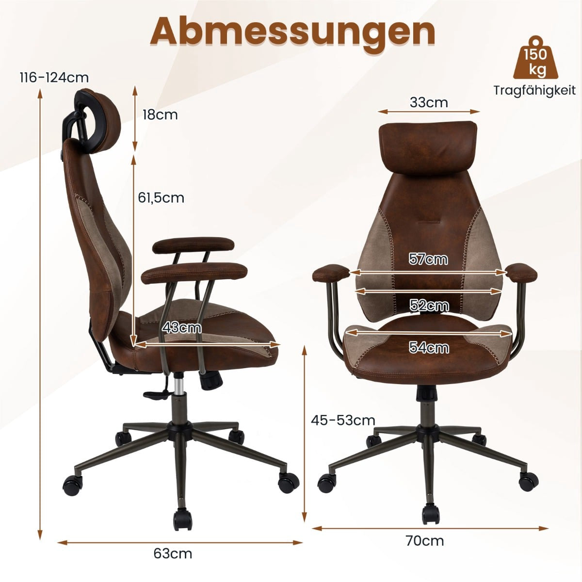 Brown office chair with dimensions: 116-124cm height, 63cm width, 70cm depth.