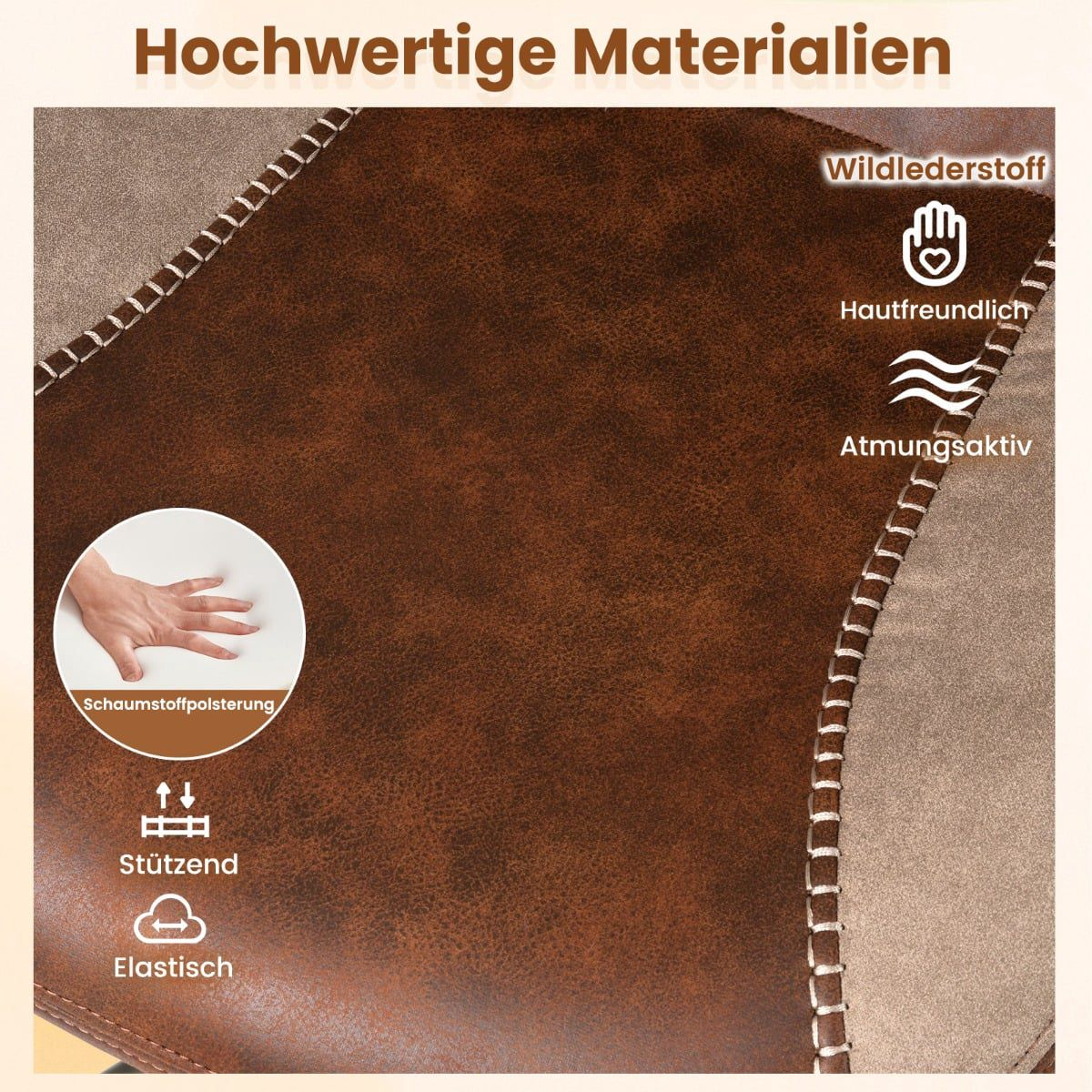 Brown faux suede fabric with stitching and comfort icons.