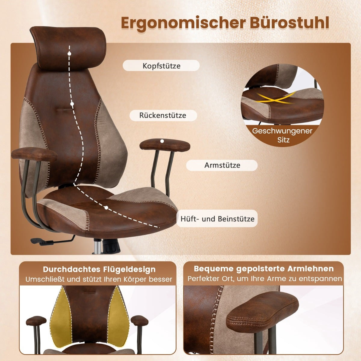 Brown ergonomic office chair with headrest, backrest, and armrests.
