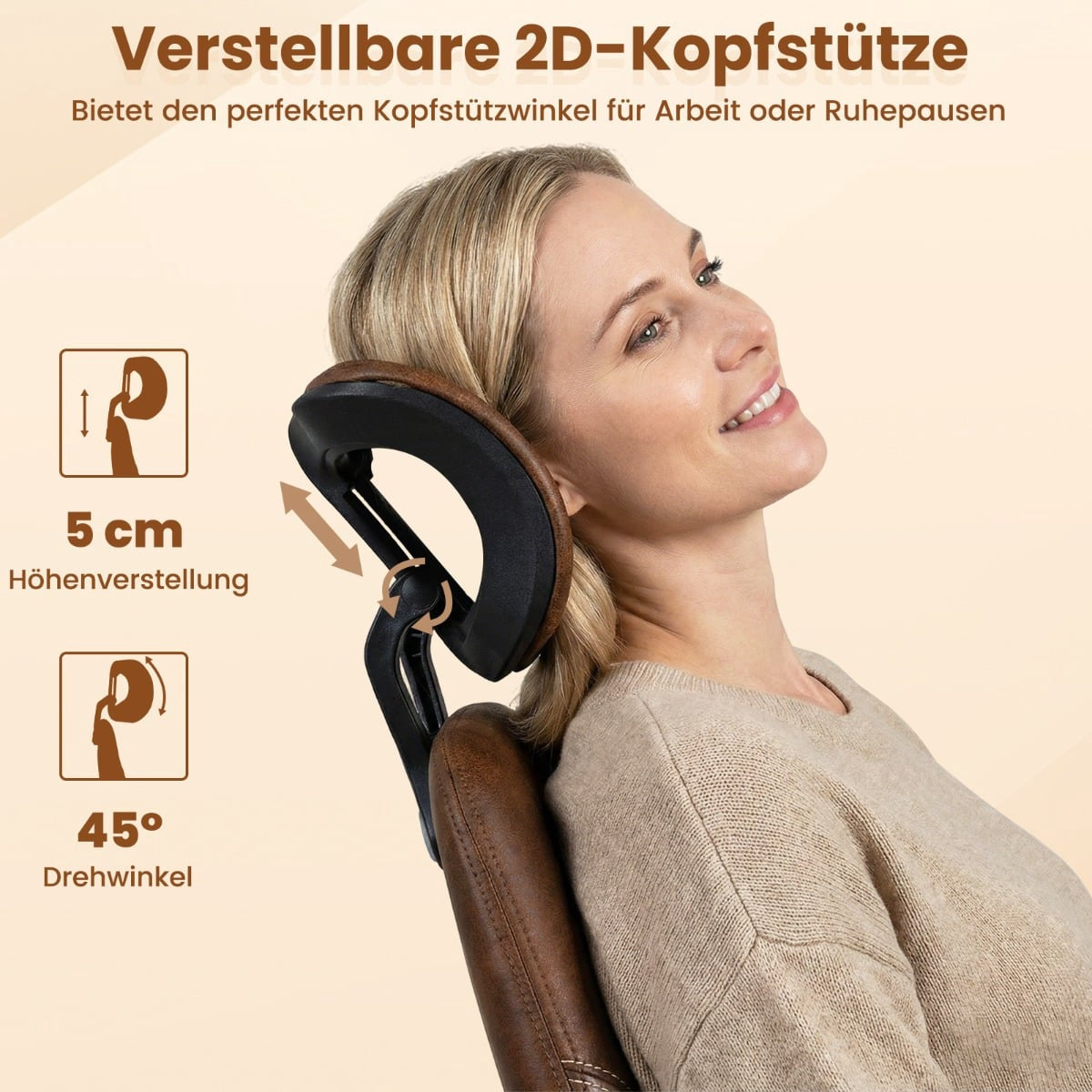 Woman in office chair with adjustable headrest, 5cm height, 45° rotation.