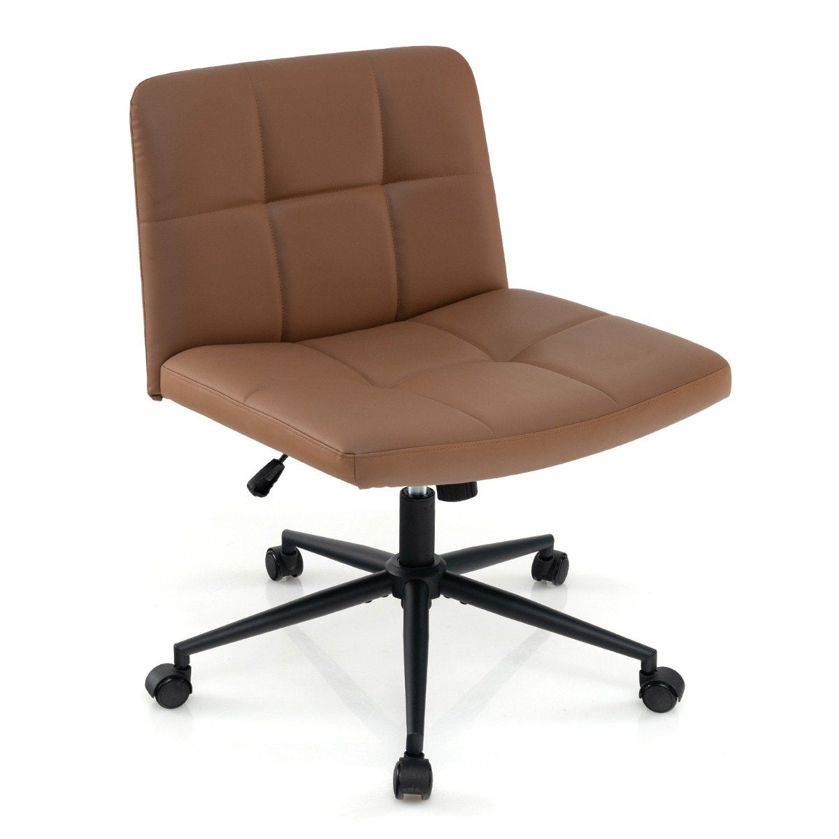 A brown office chair with wheels on a white background.