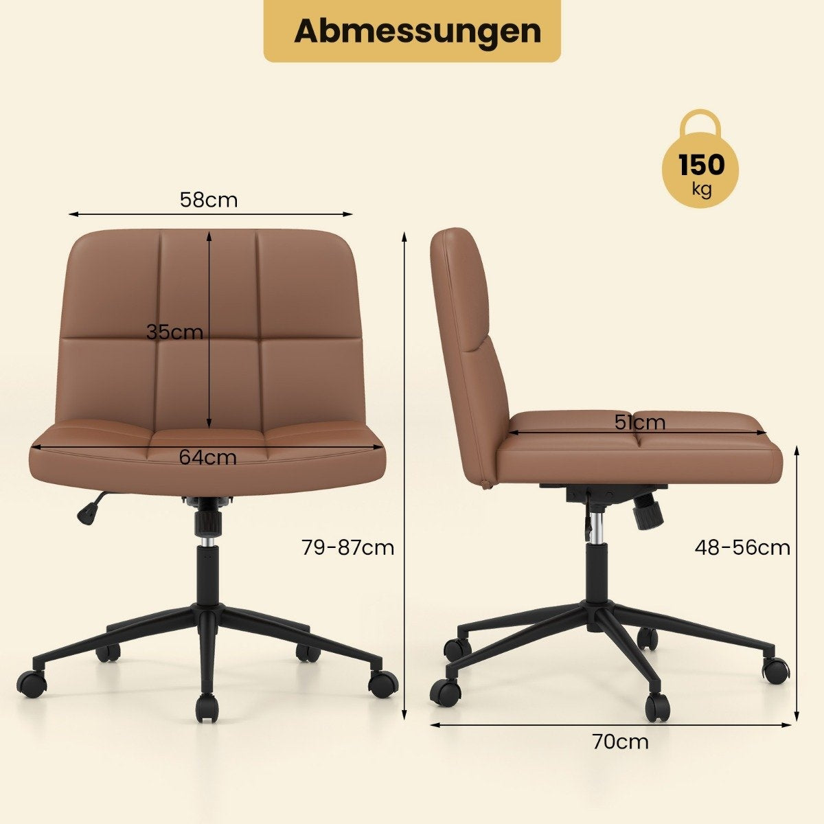 Brown office chair with dimensions: 58cm width, 35cm height, 64cm depth.
