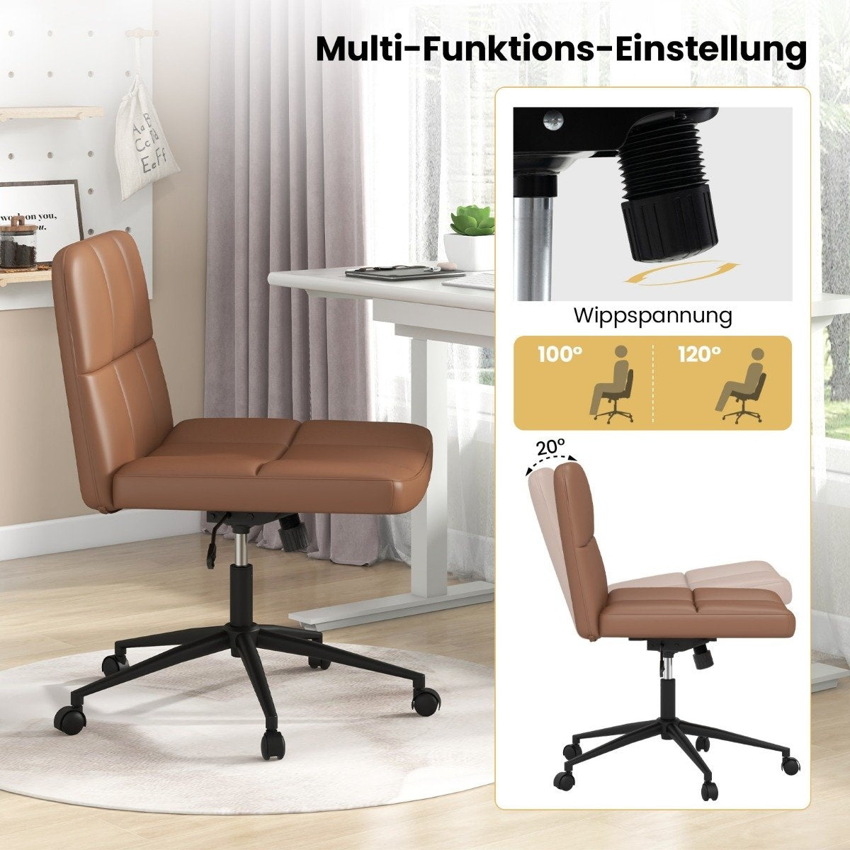 Brown office chair with wheels and height adjustment, with display panels.