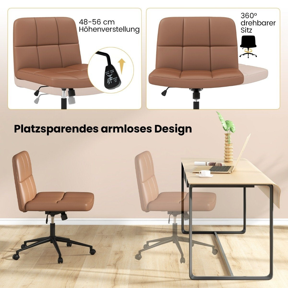 Brown office chair with adjustable height and 360 swivel seat.