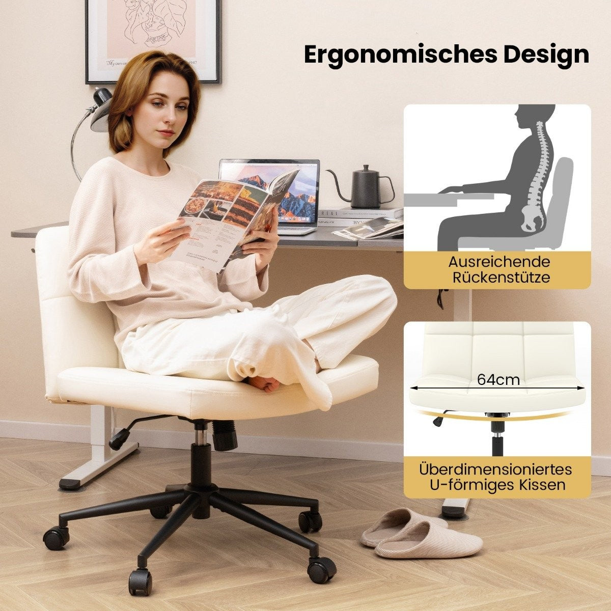 Vrouw leest tijdschrift op kantoor, stoel met ergonomische details.