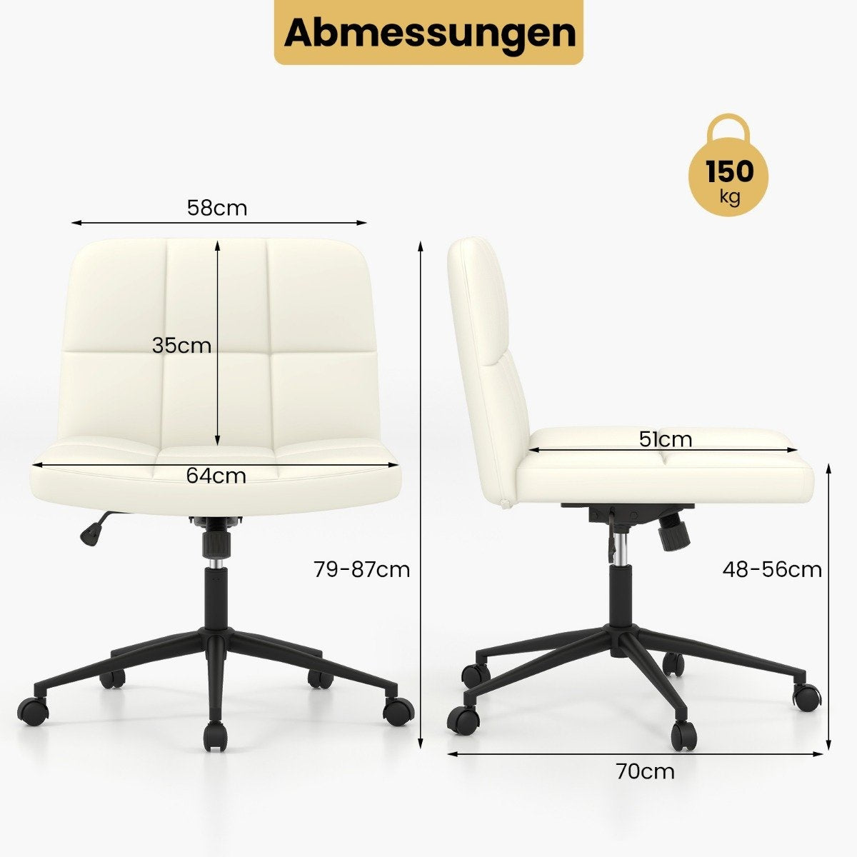 Afmetingen van een witte bureaustoel met 150 kg draagvermogen.