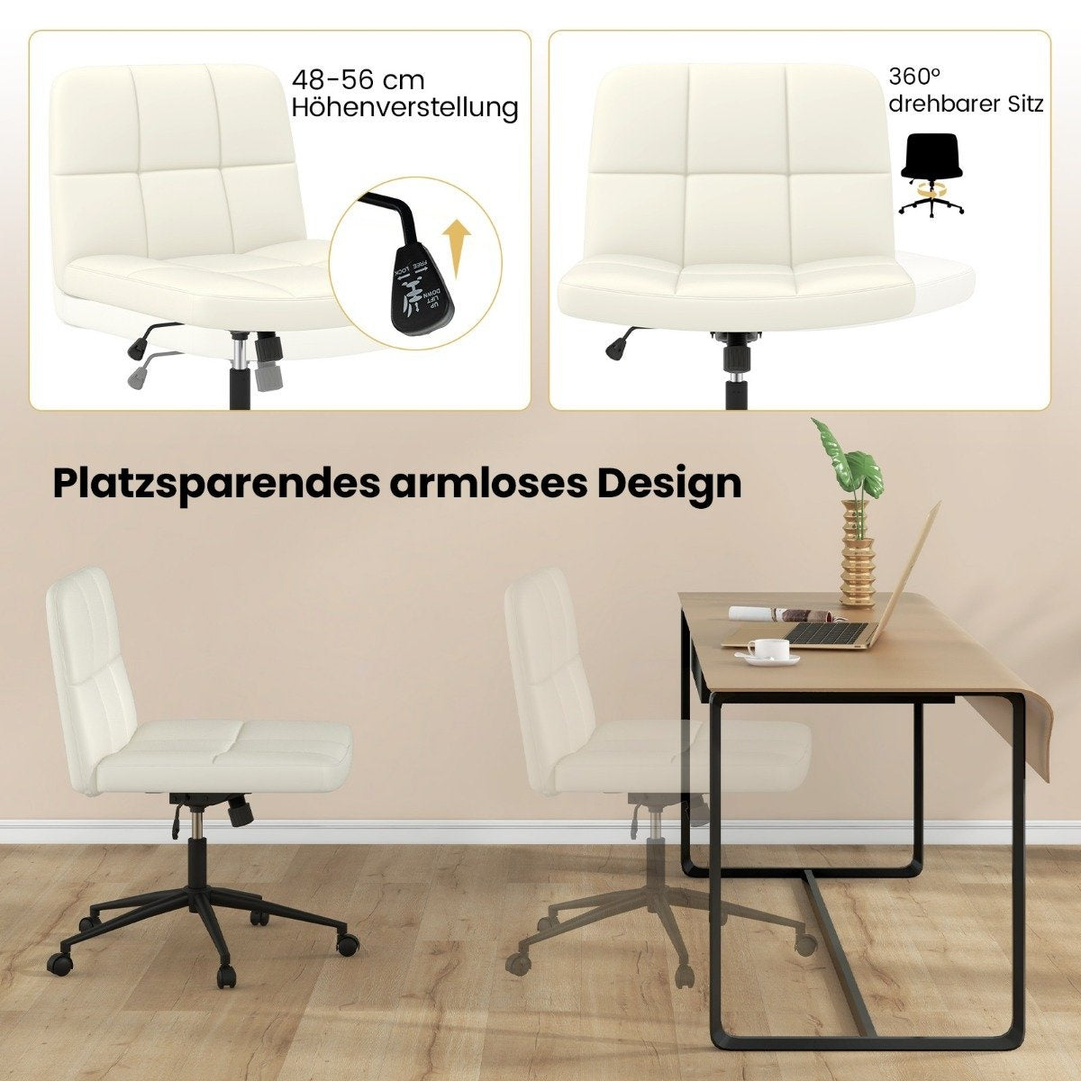 Witte bureaustoelen zonder armleuningen, één voor een bureau met laptop.