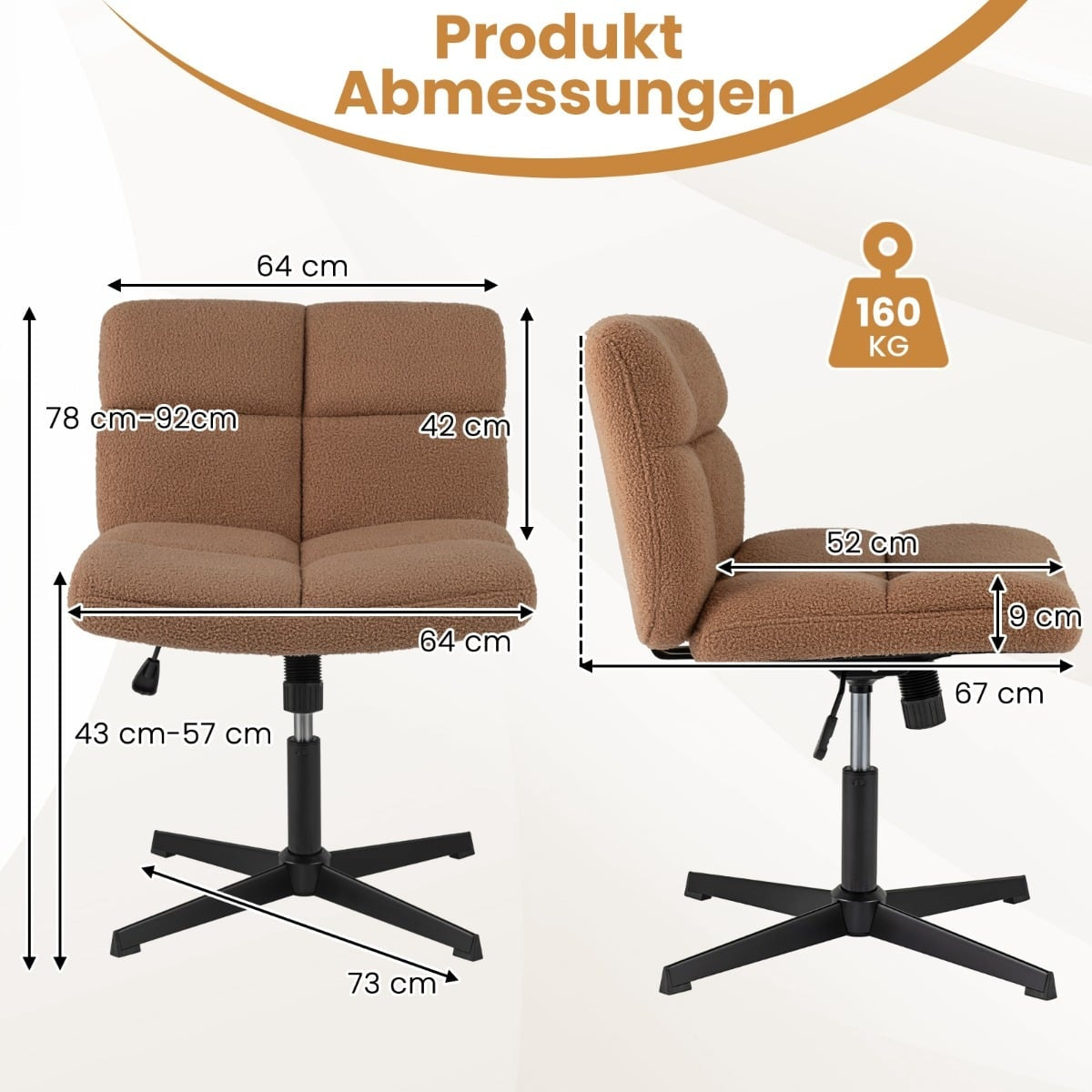 Bruine teddy bureaustoel met afmetingen: 64x78-92cm H, 42cm D, 52cm zitbreedte.