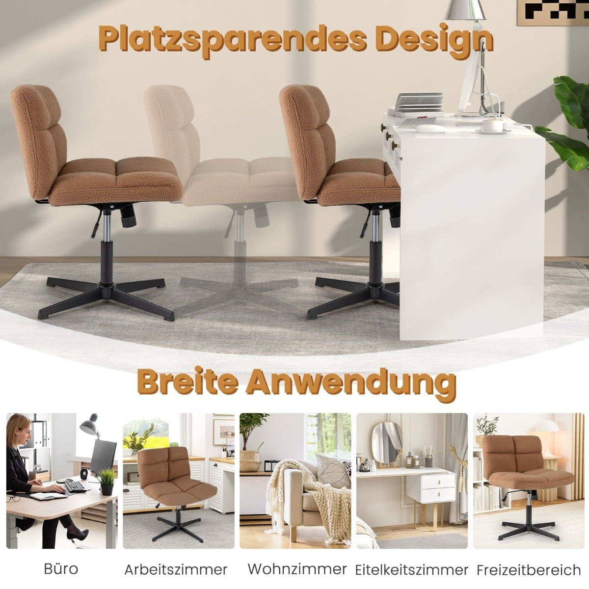 Bruine teddy stoel naast een wit bureau met computer en planten.