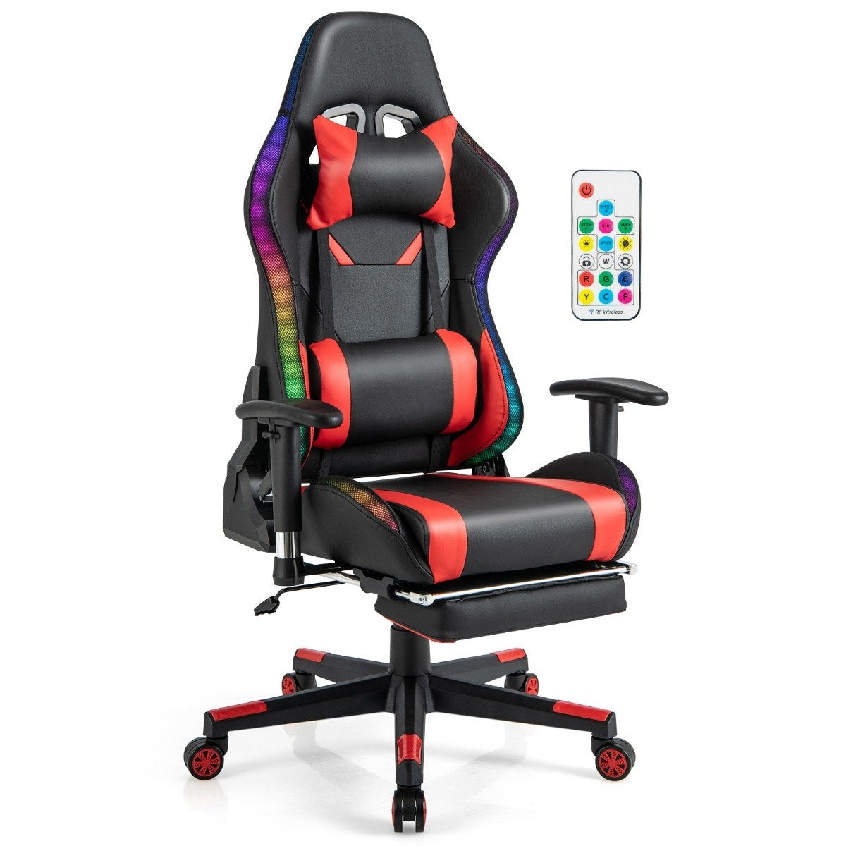Silla gamer negra con detalles rojos, iluminación RGB y control remoto.