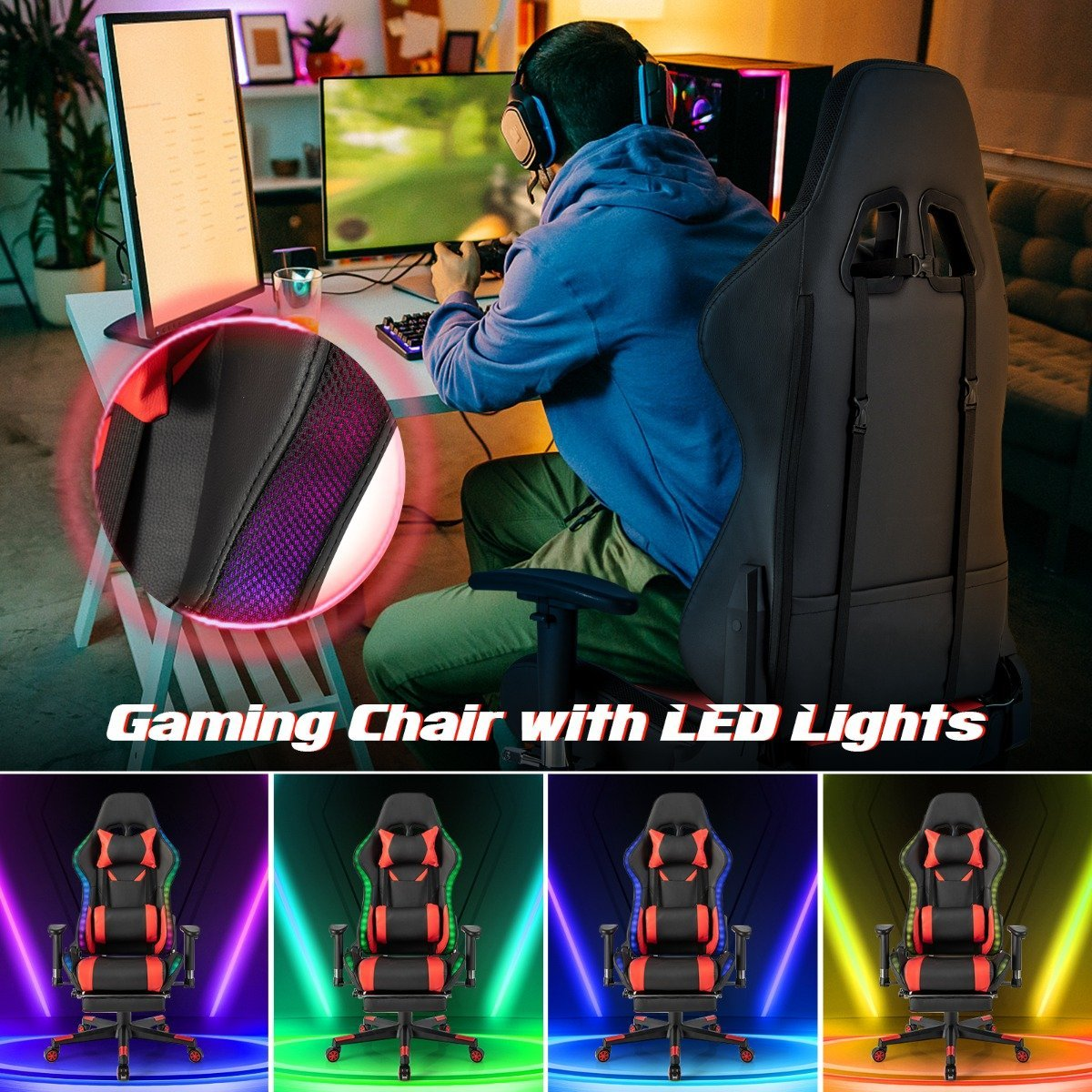 Un jugador se sienta en un ordenador con una silla gamer con luces LED.