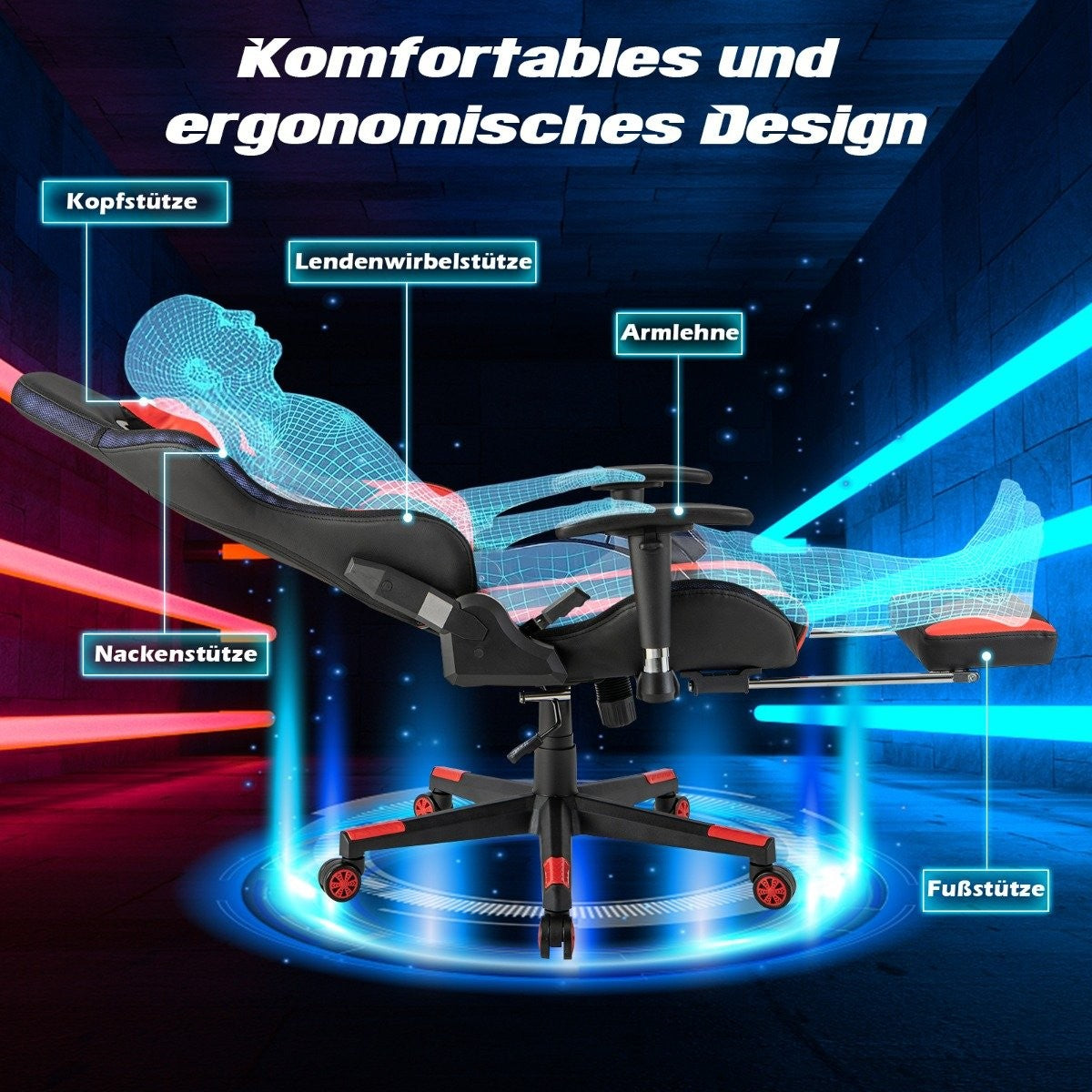 Silla ergonómica con reposacabezas, soporte lumbar, reposabrazos y reposapiés.