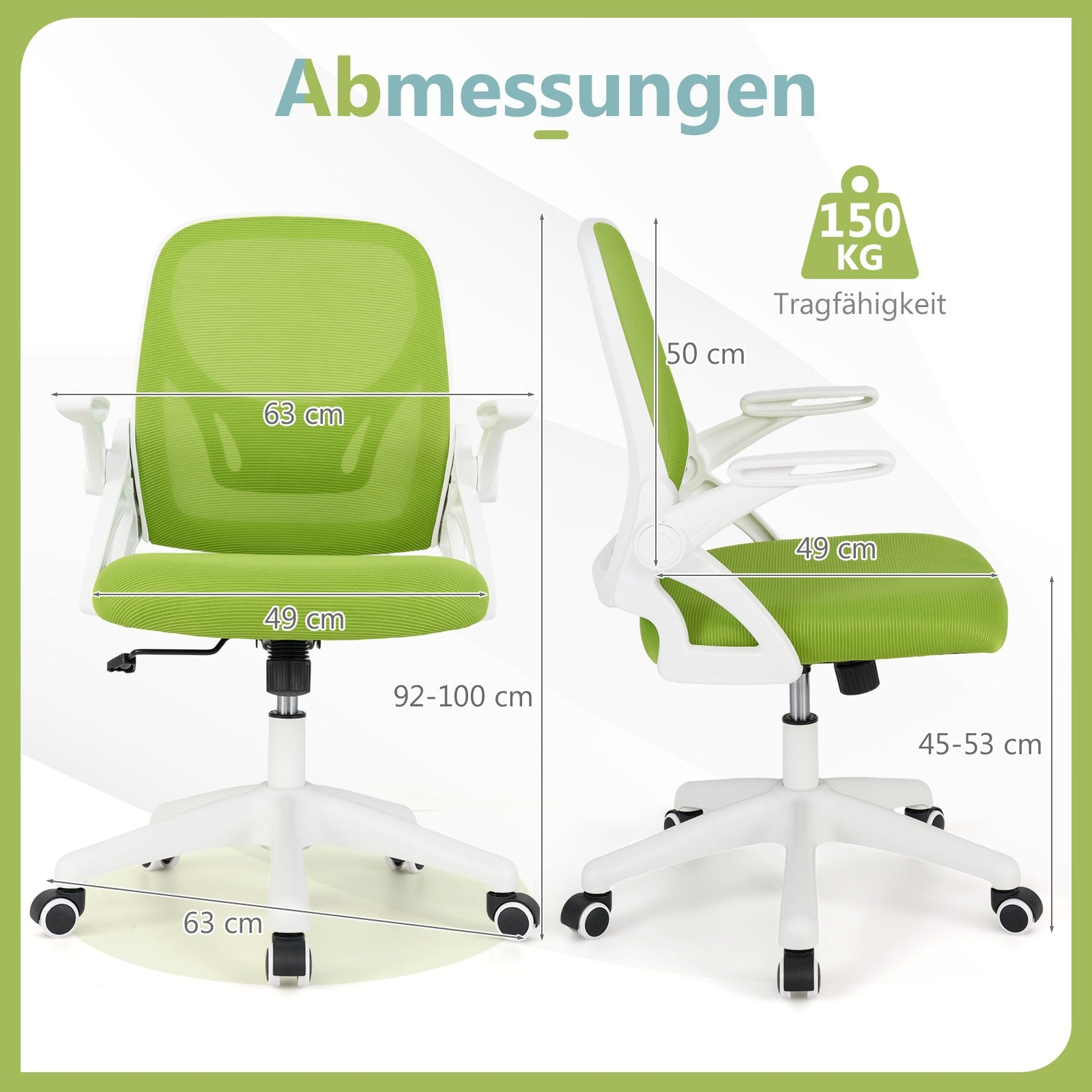 Green office chair with dimensions: 63cm width, 49cm seat depth, 92-100cm height, 150kg load.