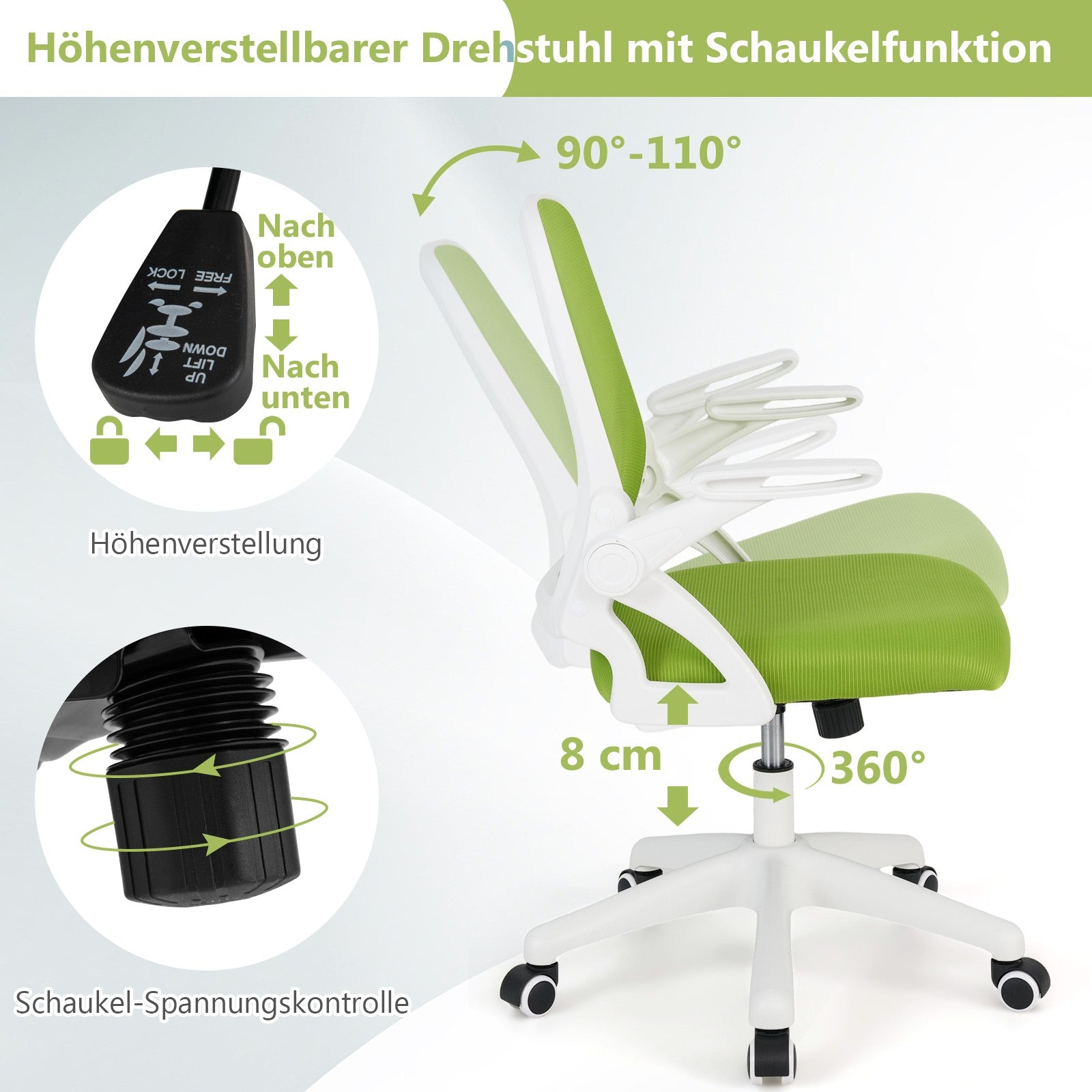 Green office chair with height adjust, 90-110° tilt, 8cm lift, 360° swivel.