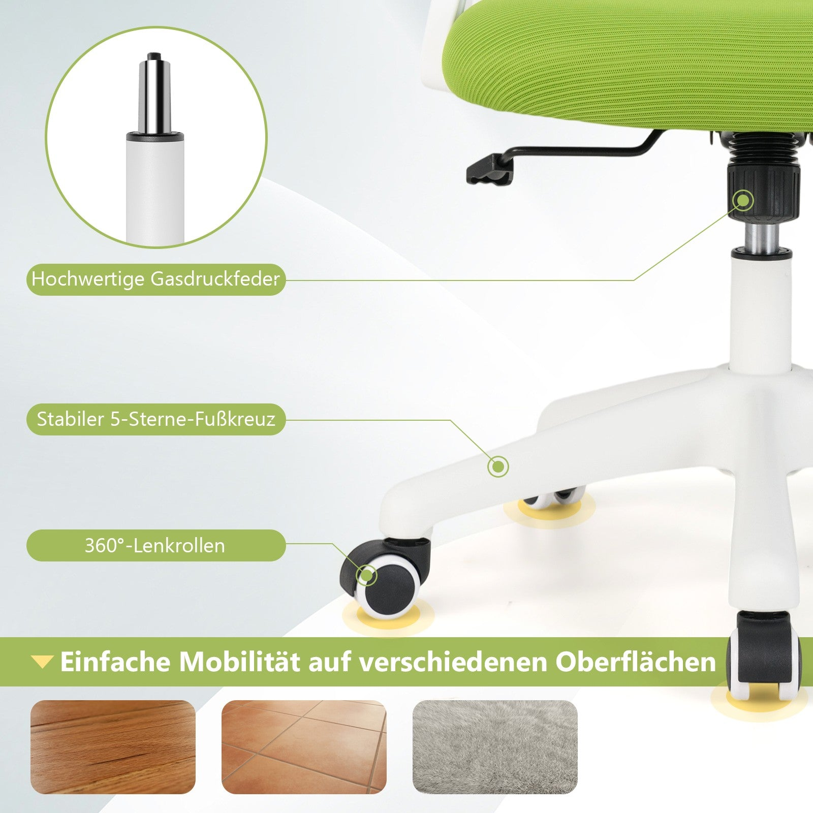 Office chair with gas lift, 5-star base, casters, and surfaces.