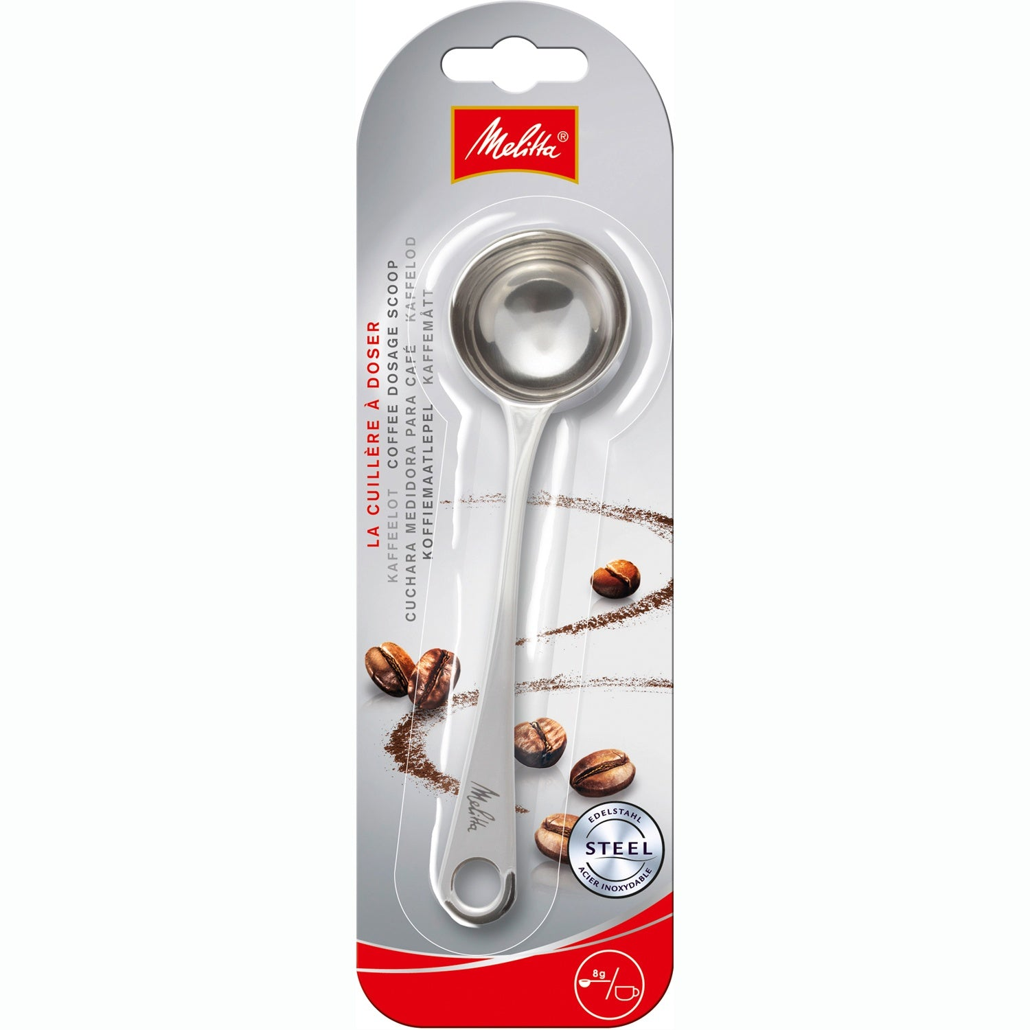 Roestvrijstalen koffieschep met Melitta logo en koffiebonen op verpakking.