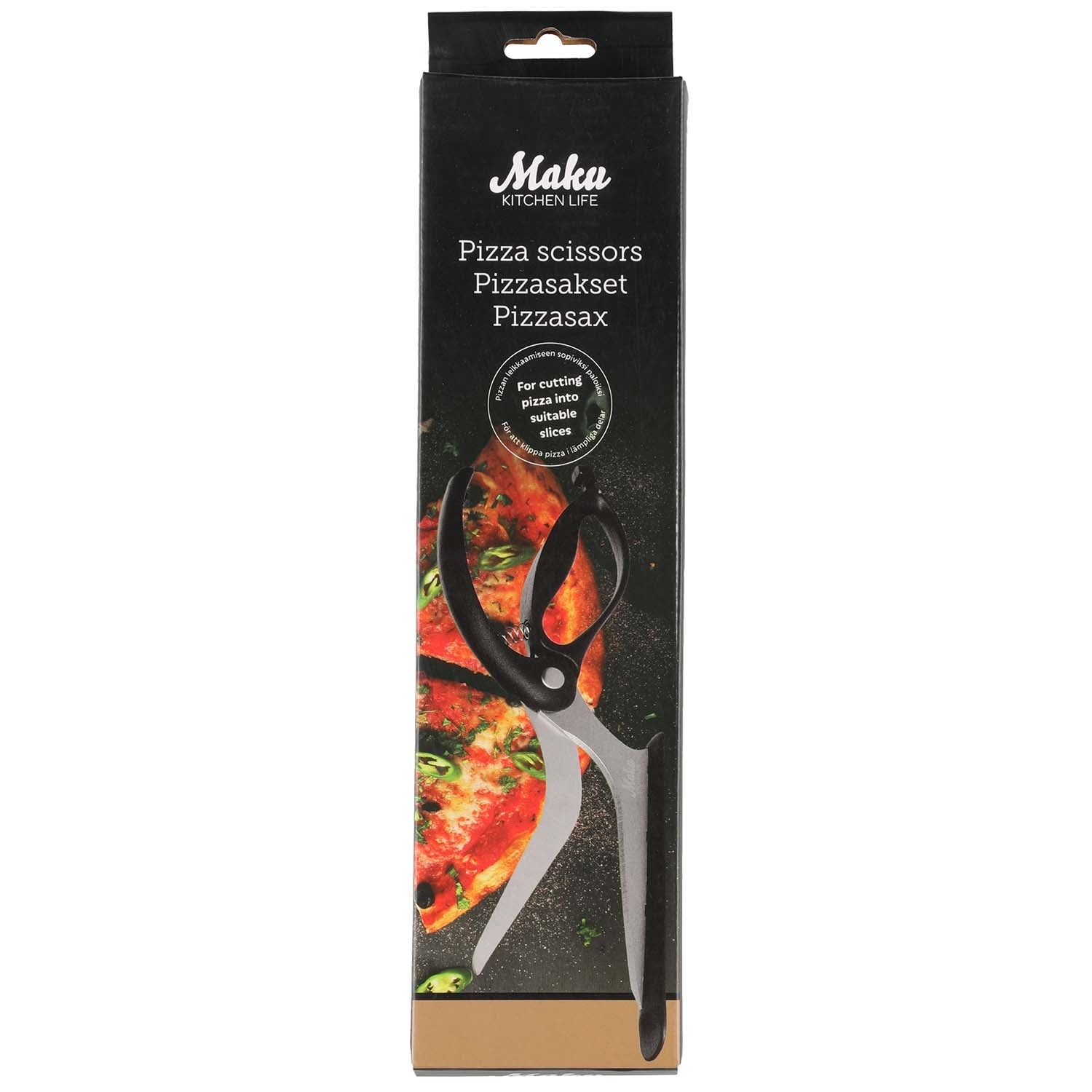 Verpakking voor pizzaschaar met afbeelding van pizzapunten en schaar.